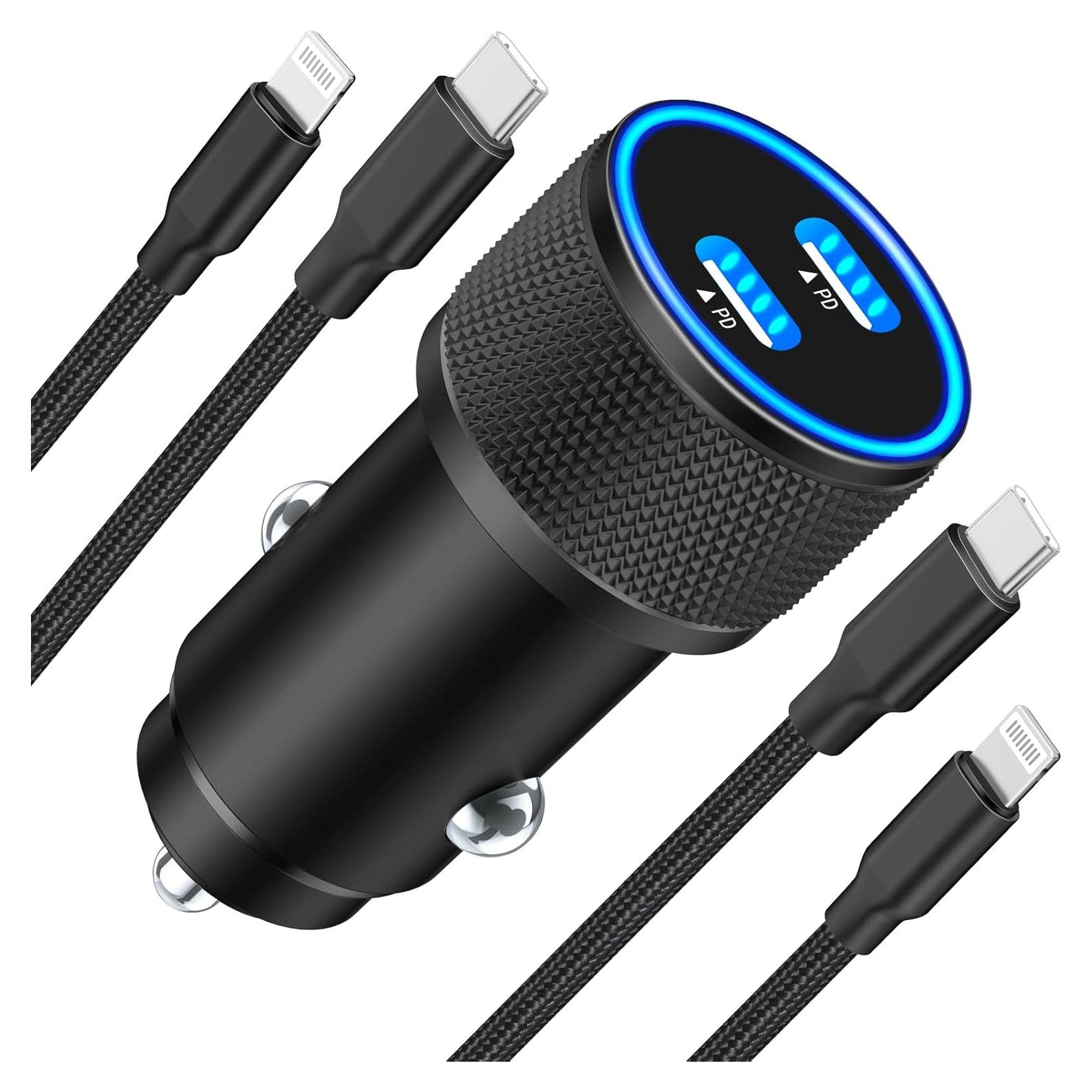 Cargador de coche Linocell 60W USB C dual + 2 cables Lightning