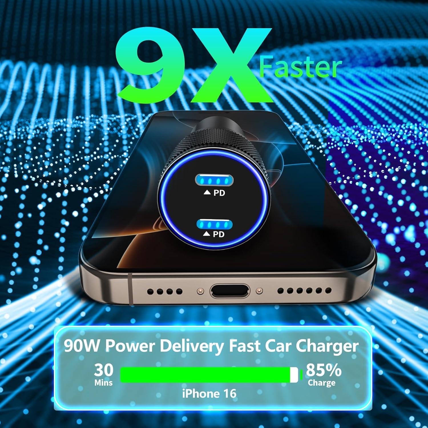 Cargador de coche Linocell 60W USB C dual + 2 cables Lightning