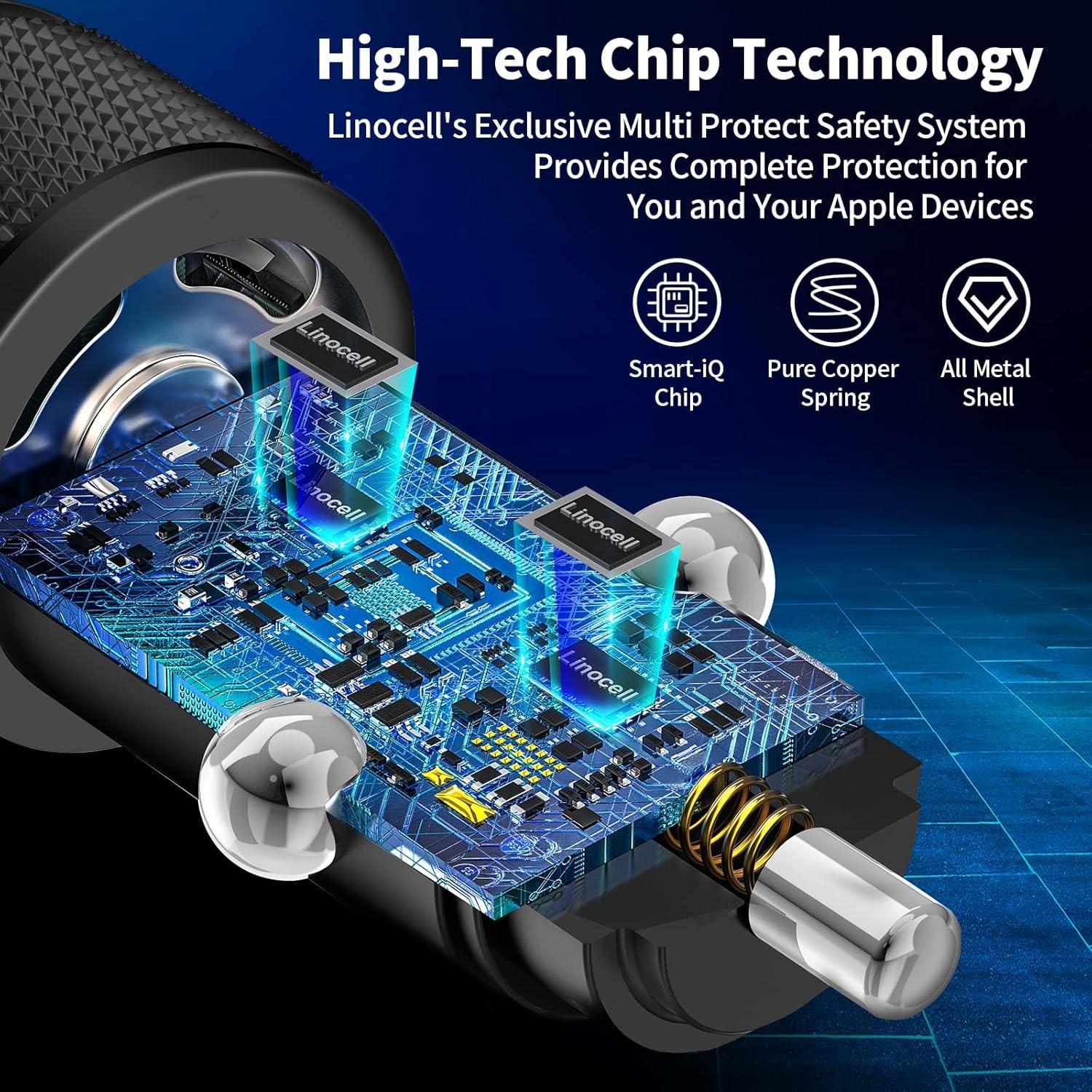 Cargador de coche Linocell 60W USB C dual + 2 cables Lightning