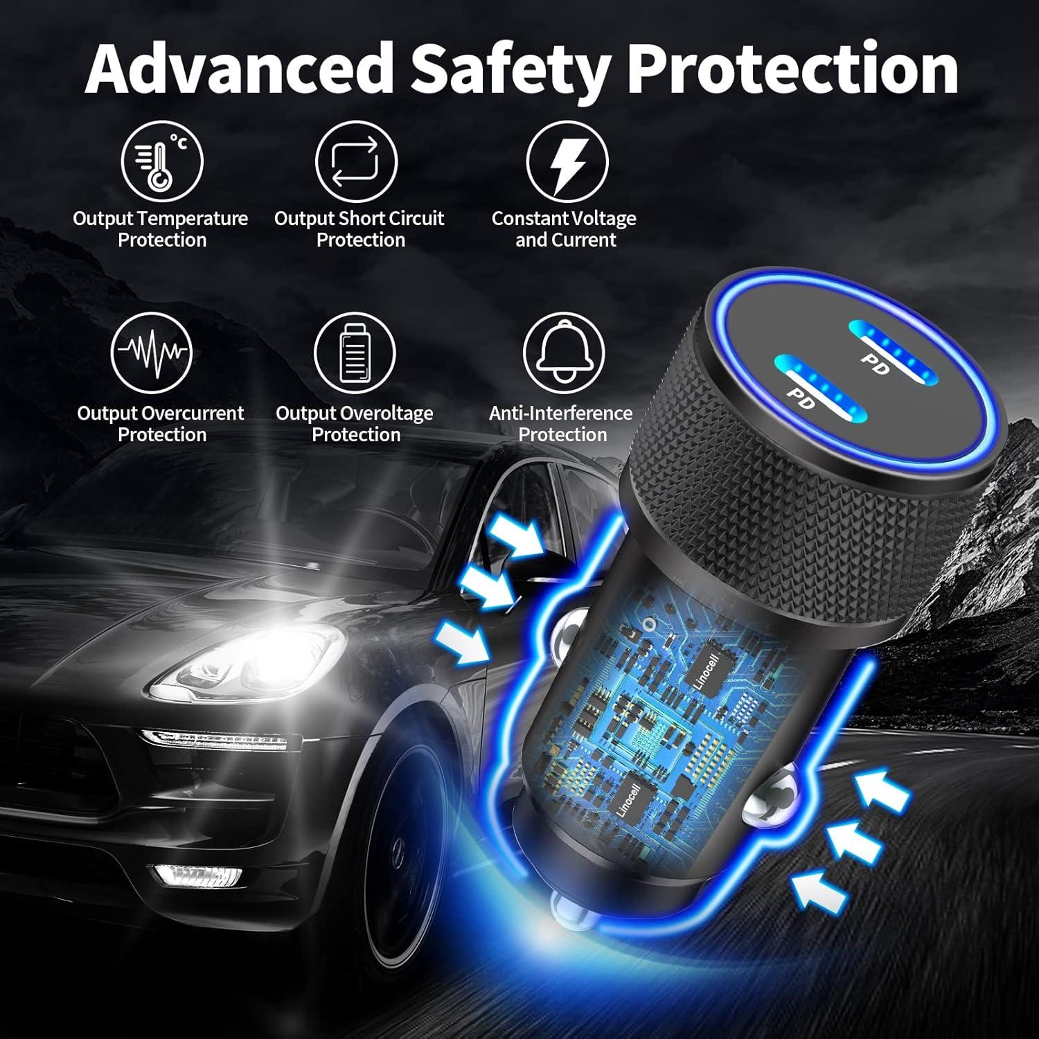 Cargador de coche Linocell 60W USB C dual + 2 cables Lightning