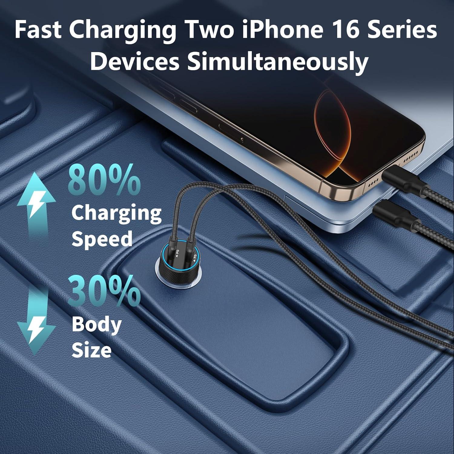 Cargador de coche Linocell 60W USB C dual + 2 cables Lightning