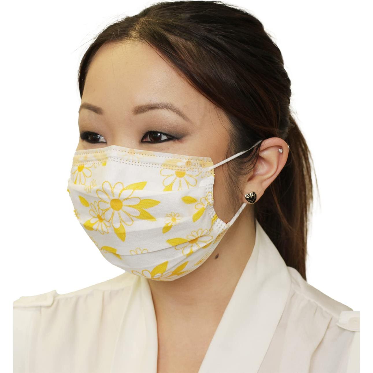 Mascarillas Faciales BeeSure BE2330 Florales Amarillo (50 Pzas)