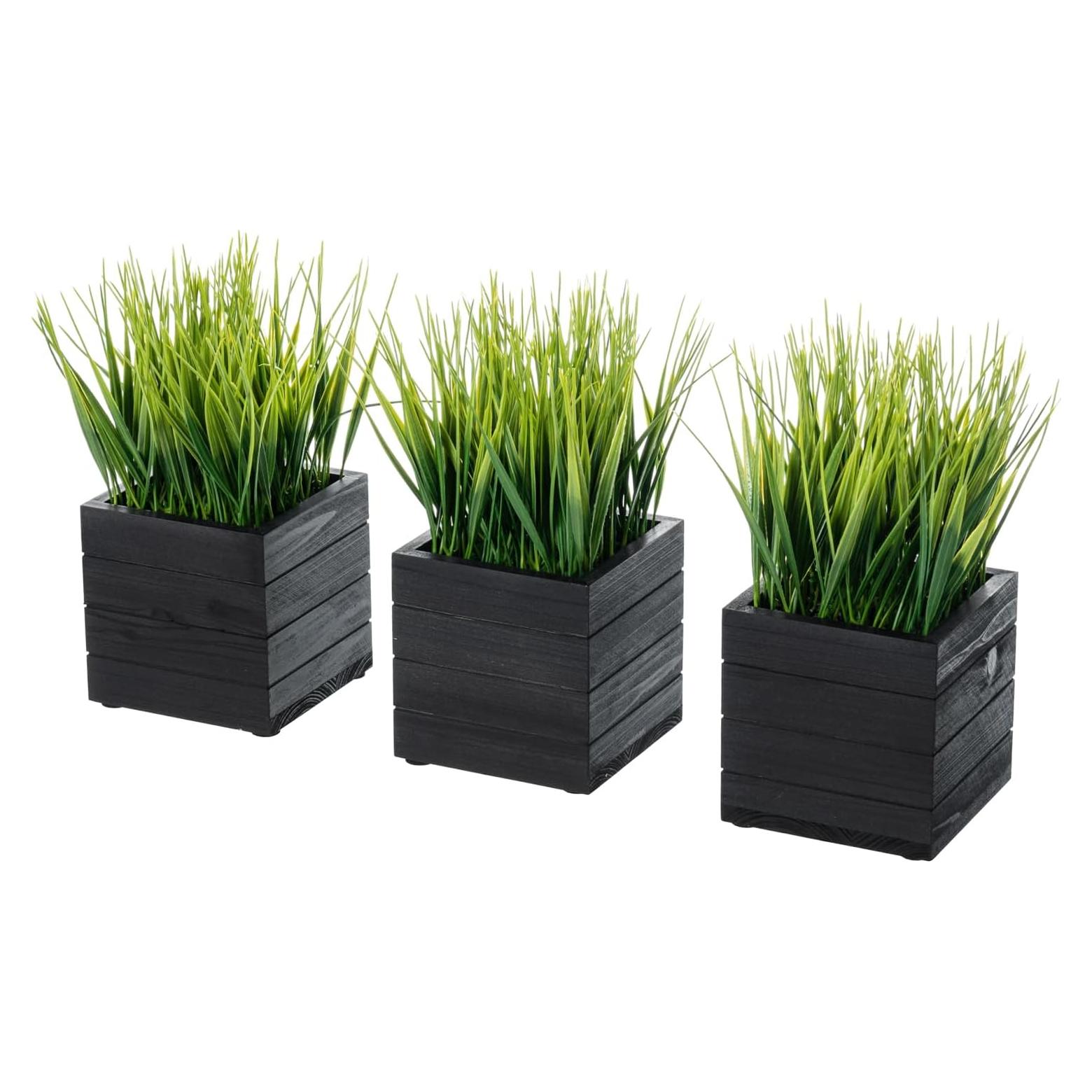 Juego de 3 Plantas de Césped Artificial MyGift en Cajas de Madera