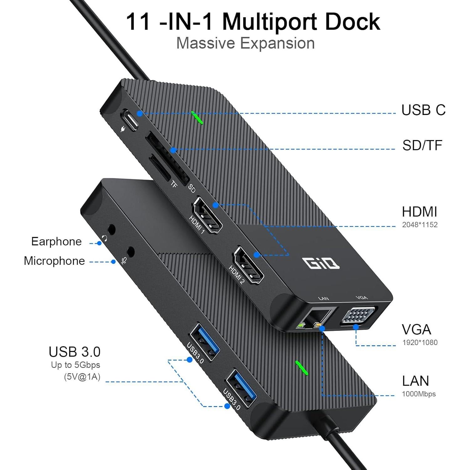 HUB USB-C GIQ D3908 Adaptador 11 en 1 HDMI VGA Negro