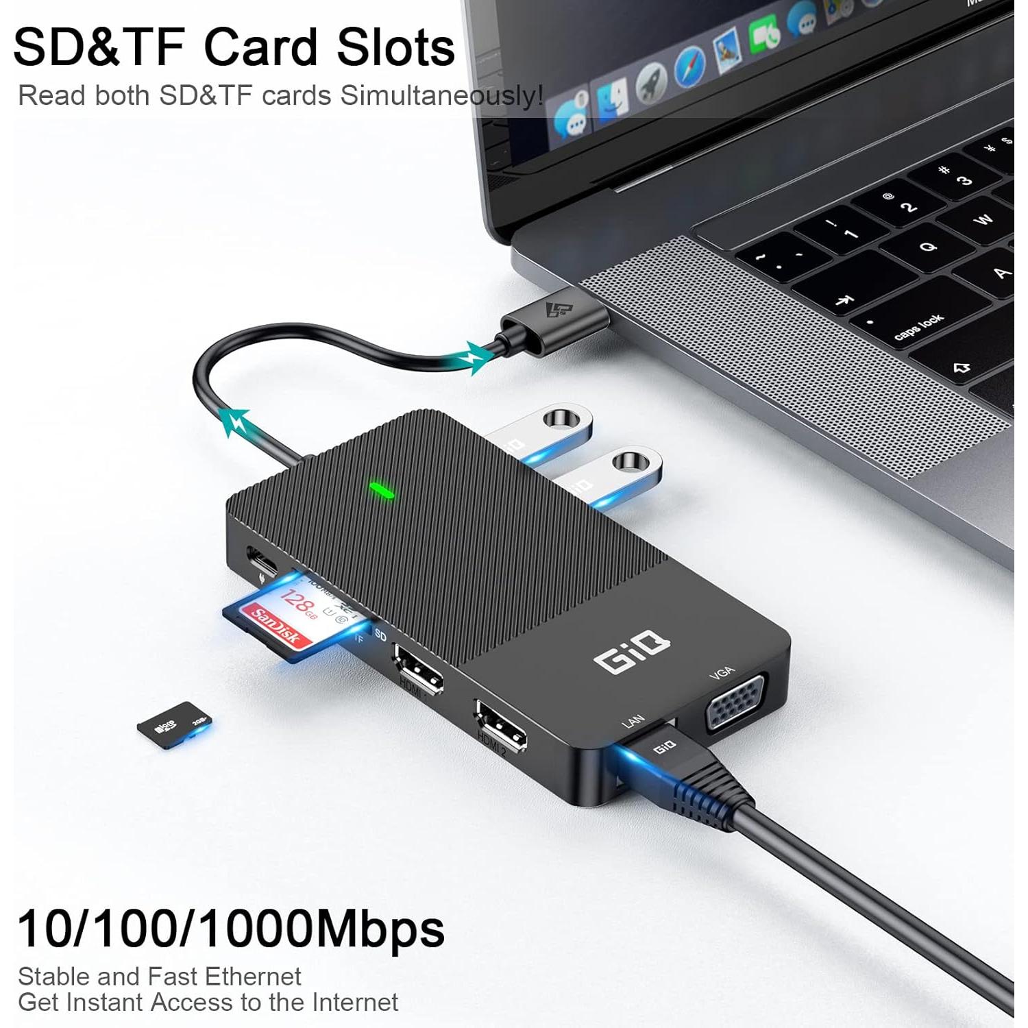 HUB USB-C GIQ D3908 Adaptador 11 en 1 HDMI VGA Negro