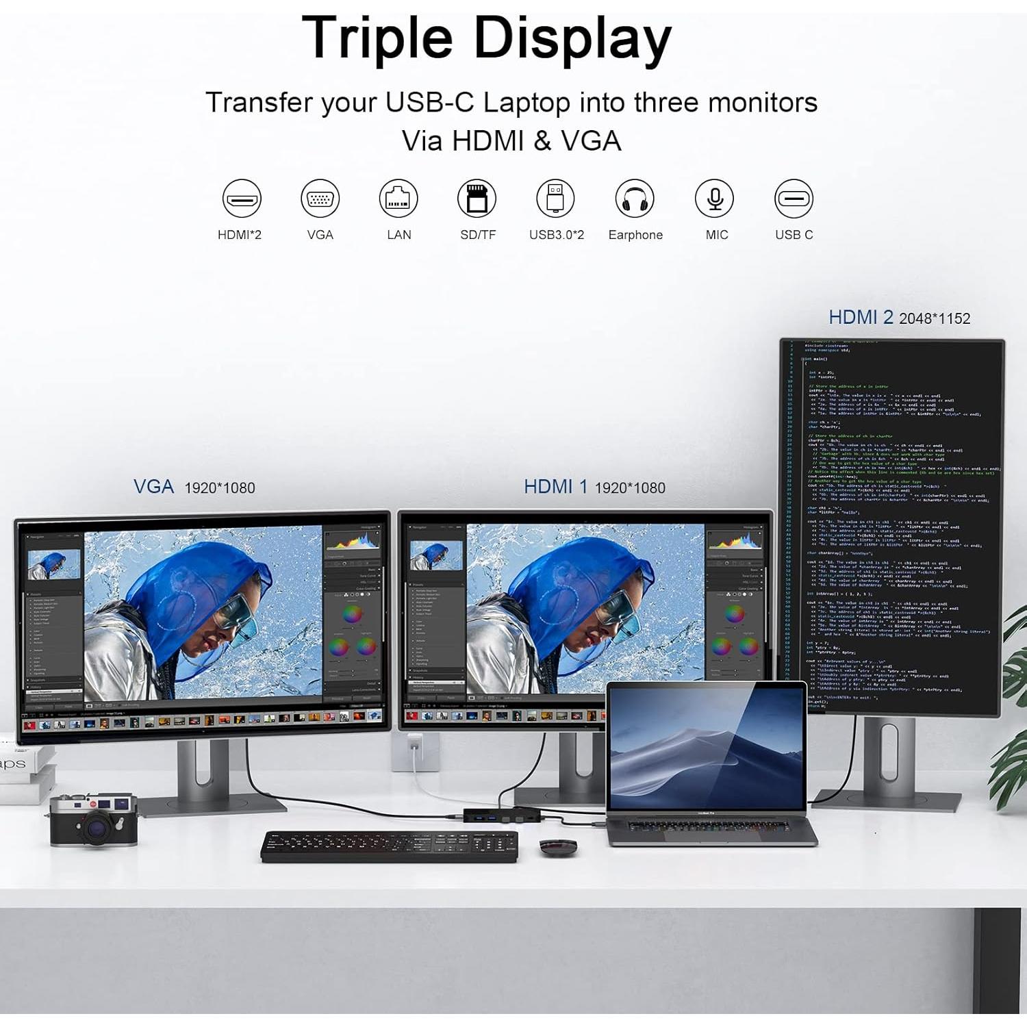 HUB USB-C GIQ D3908 Adaptador 11 en 1 HDMI VGA Negro