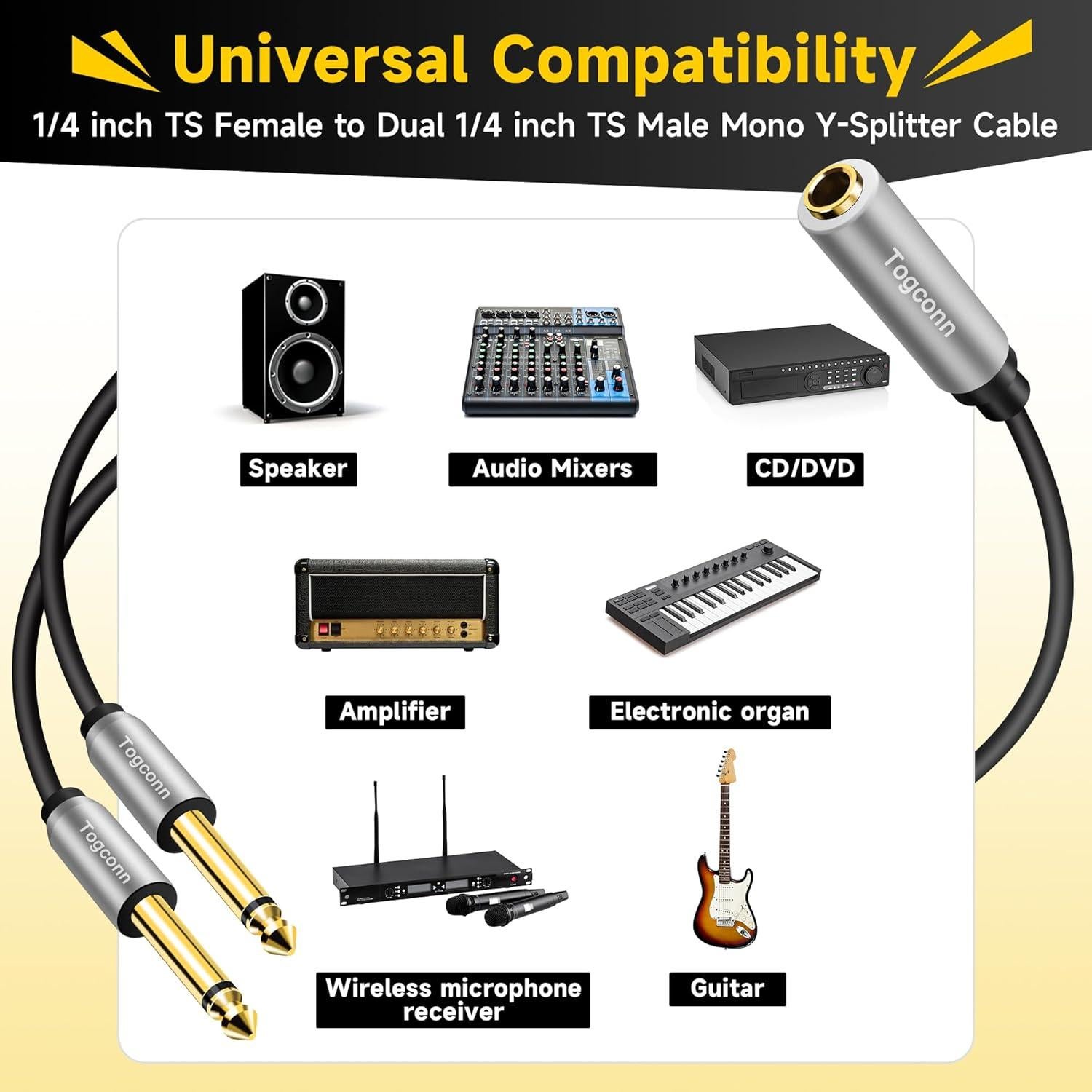 Adaptador Y Divisor Mono TS 6.35mm Togconn 1 Pie Audio