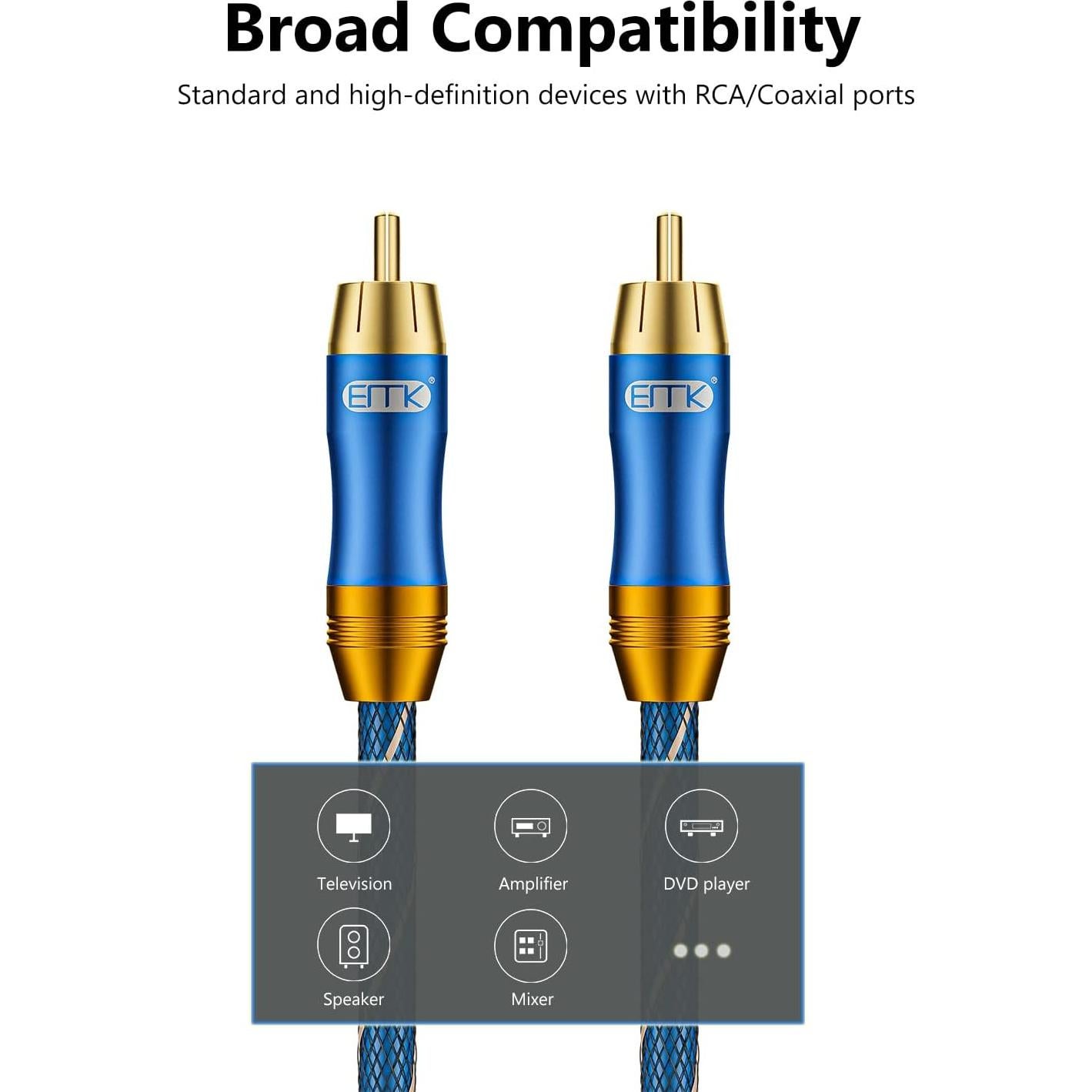 Cable de Subwoofer Coaxial EMK 1m RCA Dorado Doble Apantallado