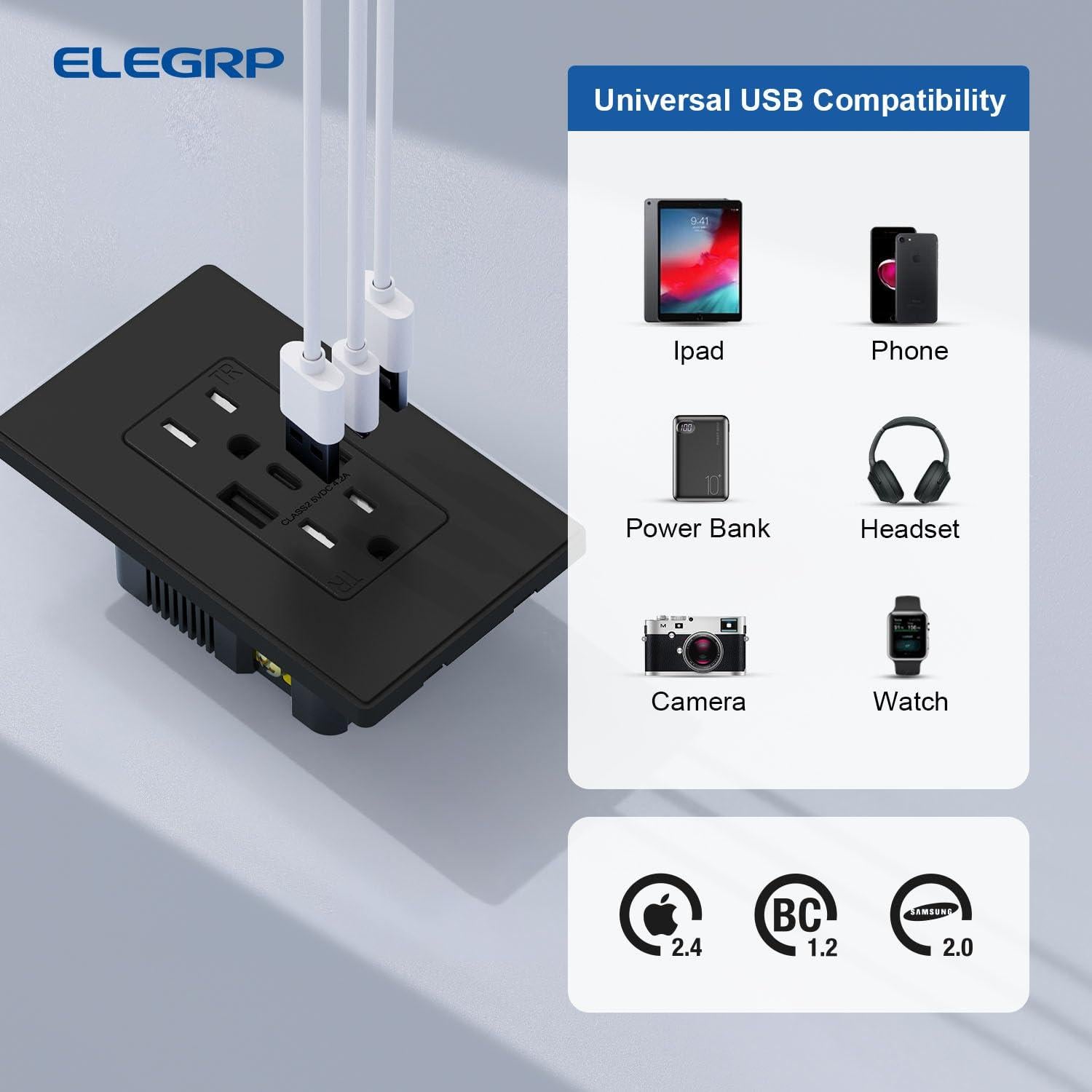 Toma de Pared USB C 3 Puertos ELEGRP 15A Negro Mate