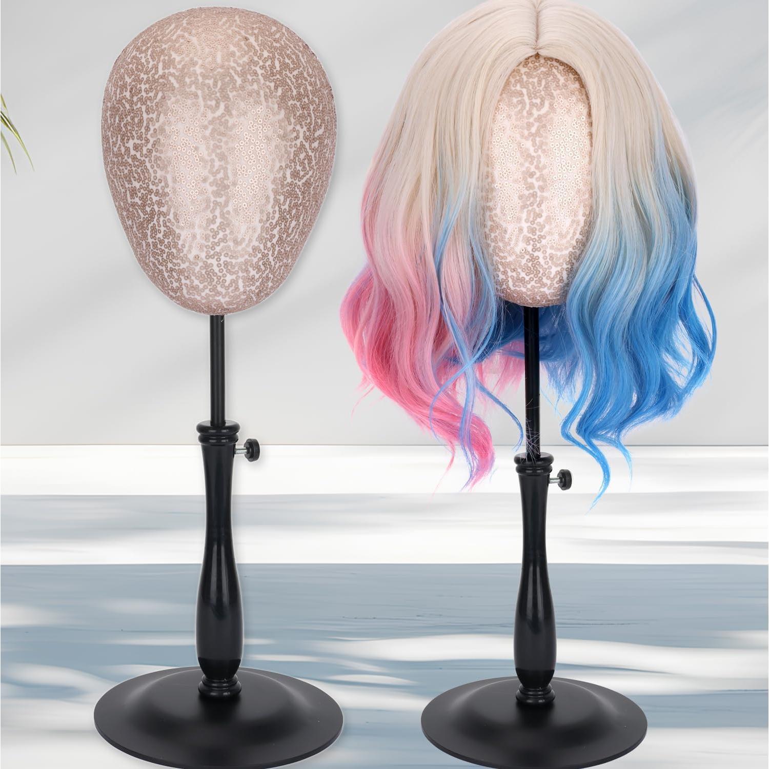 Soporte de Cabeza de Peluca Ajustable Marrón Mate con Base Metálica