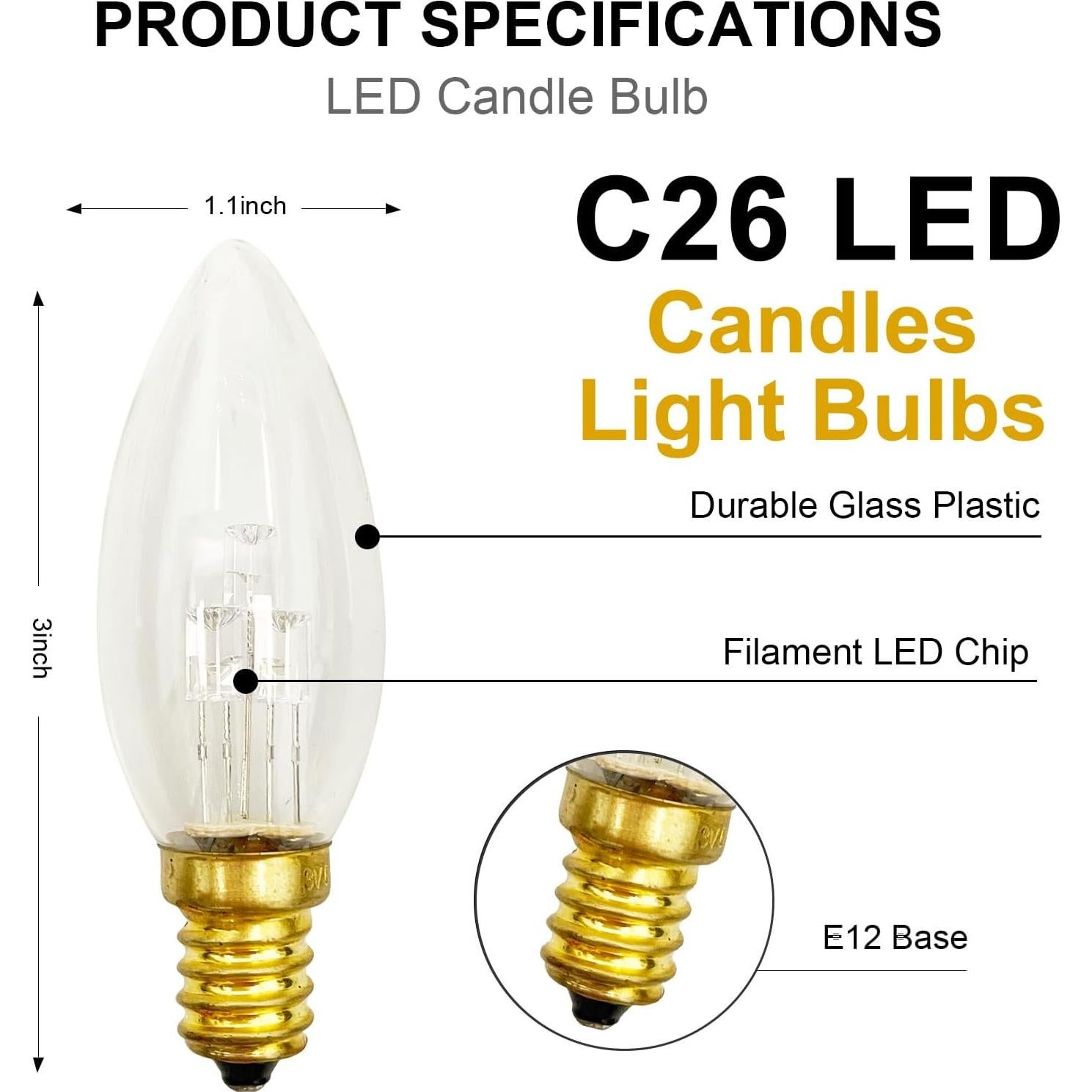 Paquete de 6 Bombillas LED C26 E12 3V Luz Blanca Cálida