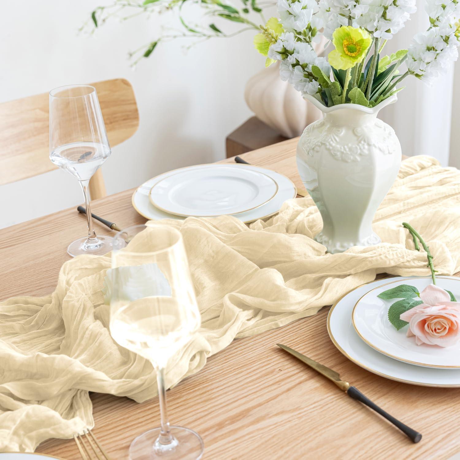 Camino de Mesa Asee'm 305x89 cm Beige Gasa Boho para Eventos