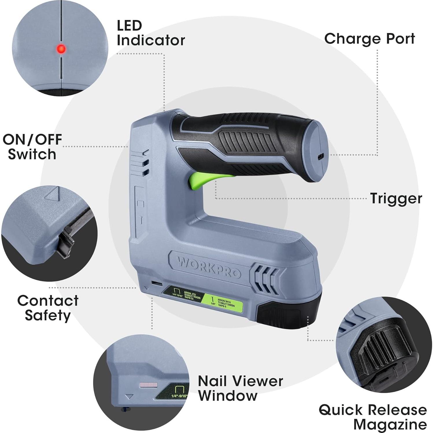 Pistola de Grapas Eléctrica WORKPRO 3.6V 2-en-1 con 2000 Grapas