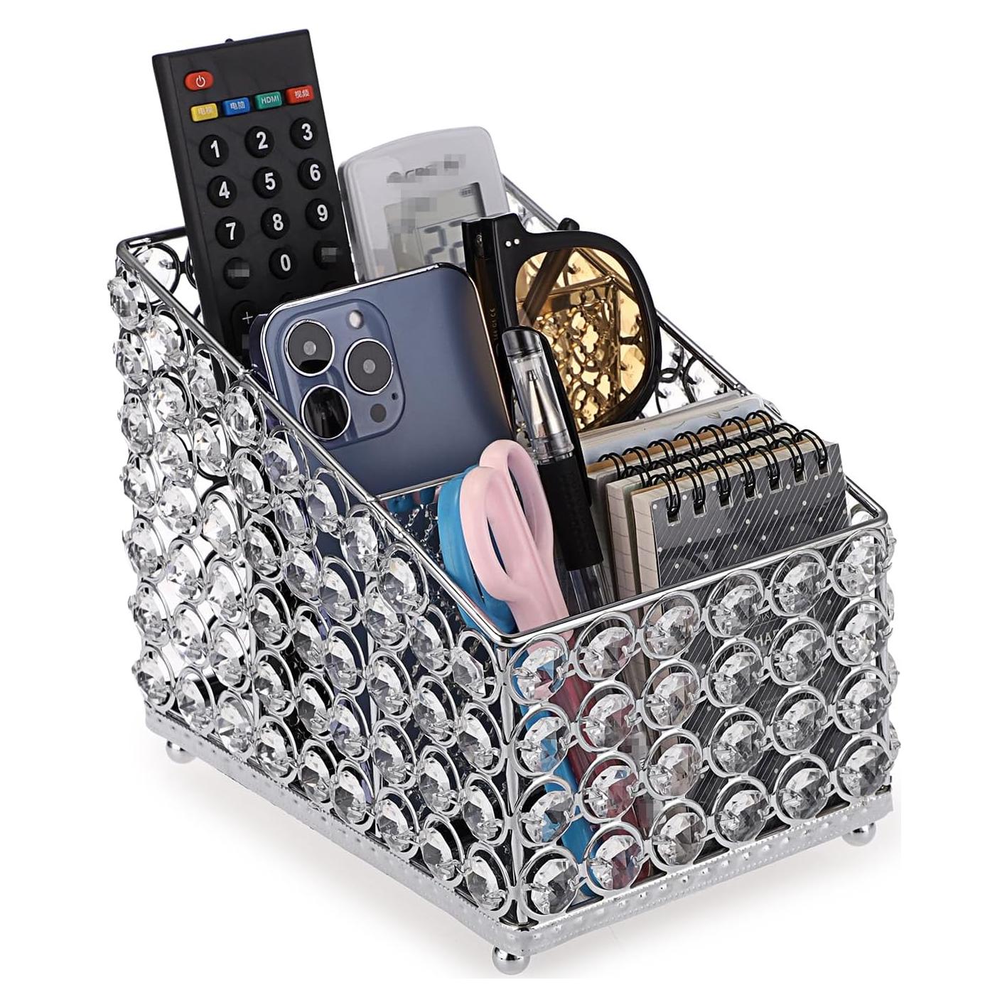 Soporte de Control Remoto Sumnacon de Cristal Plateado con 3 Compartimentos