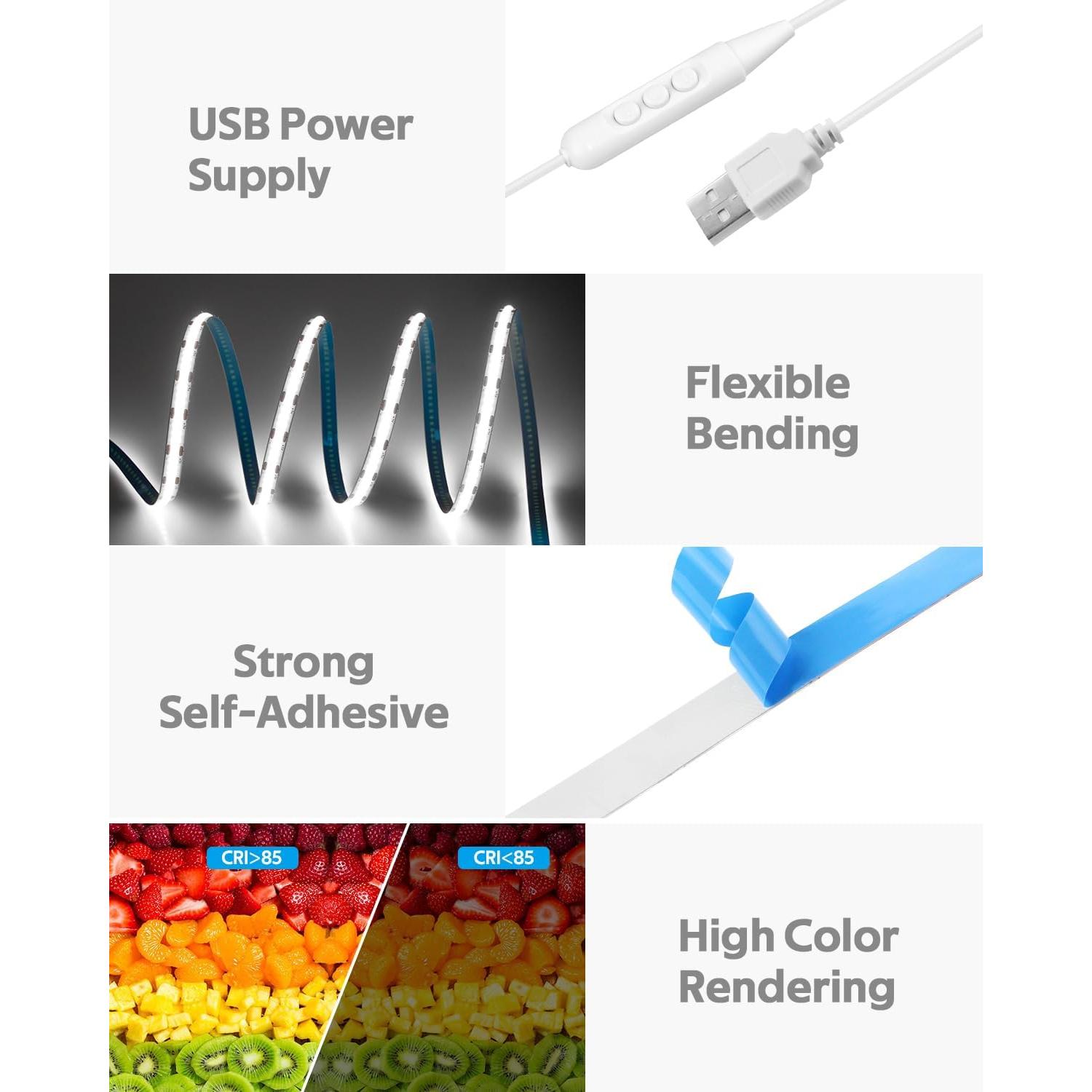 Tira de Luz LED COB 5M Blanca Fría USB Samsion 320 LEDs/M