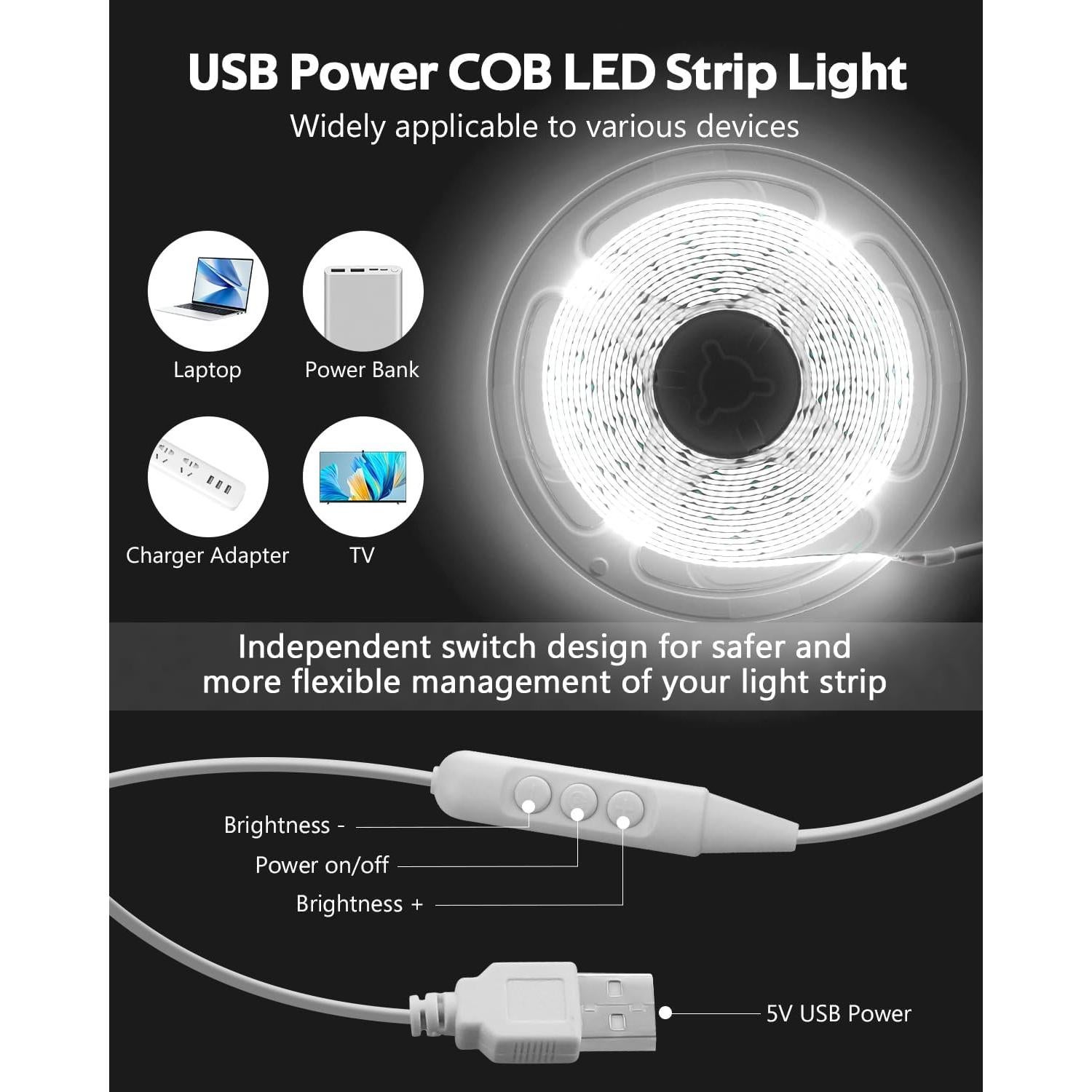 Tira de Luz LED COB 5M Blanca Fría USB Samsion 320 LEDs/M