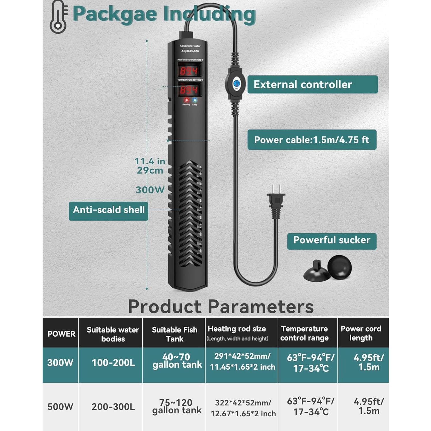 Calentador de Acuario 300W AHJ para 151-265 Litros con Control Preciso