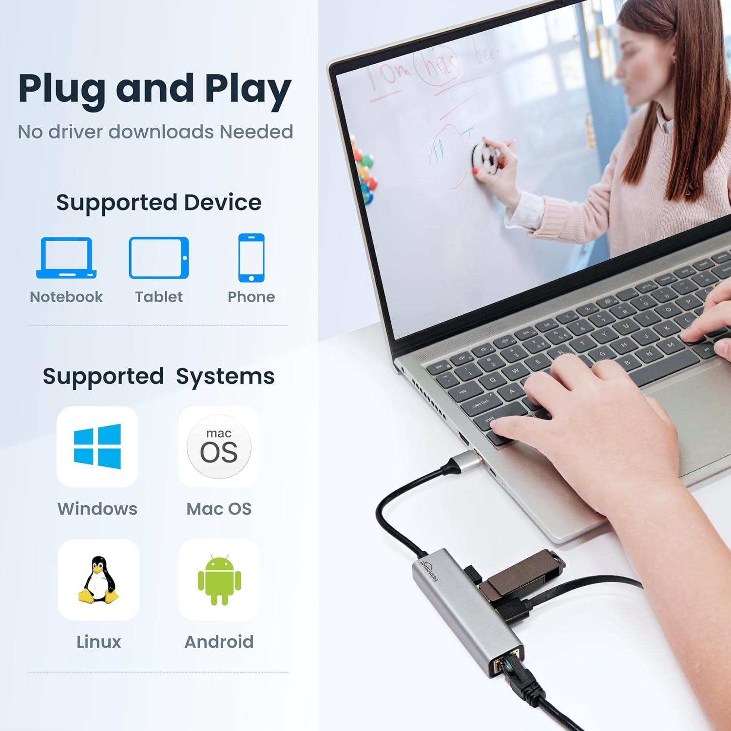 Hub USB 3.0 con Adaptador Ethernet EQIMAIMAI 1Gbps