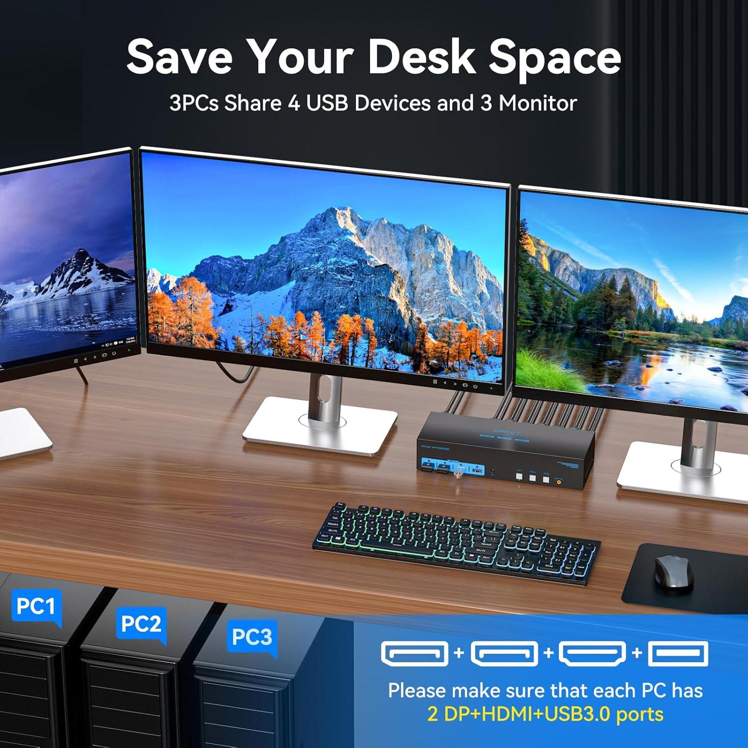 Conmutador KVM 3 PC 3 Monitores AILVLVNG 4K 144Hz HDMI DP