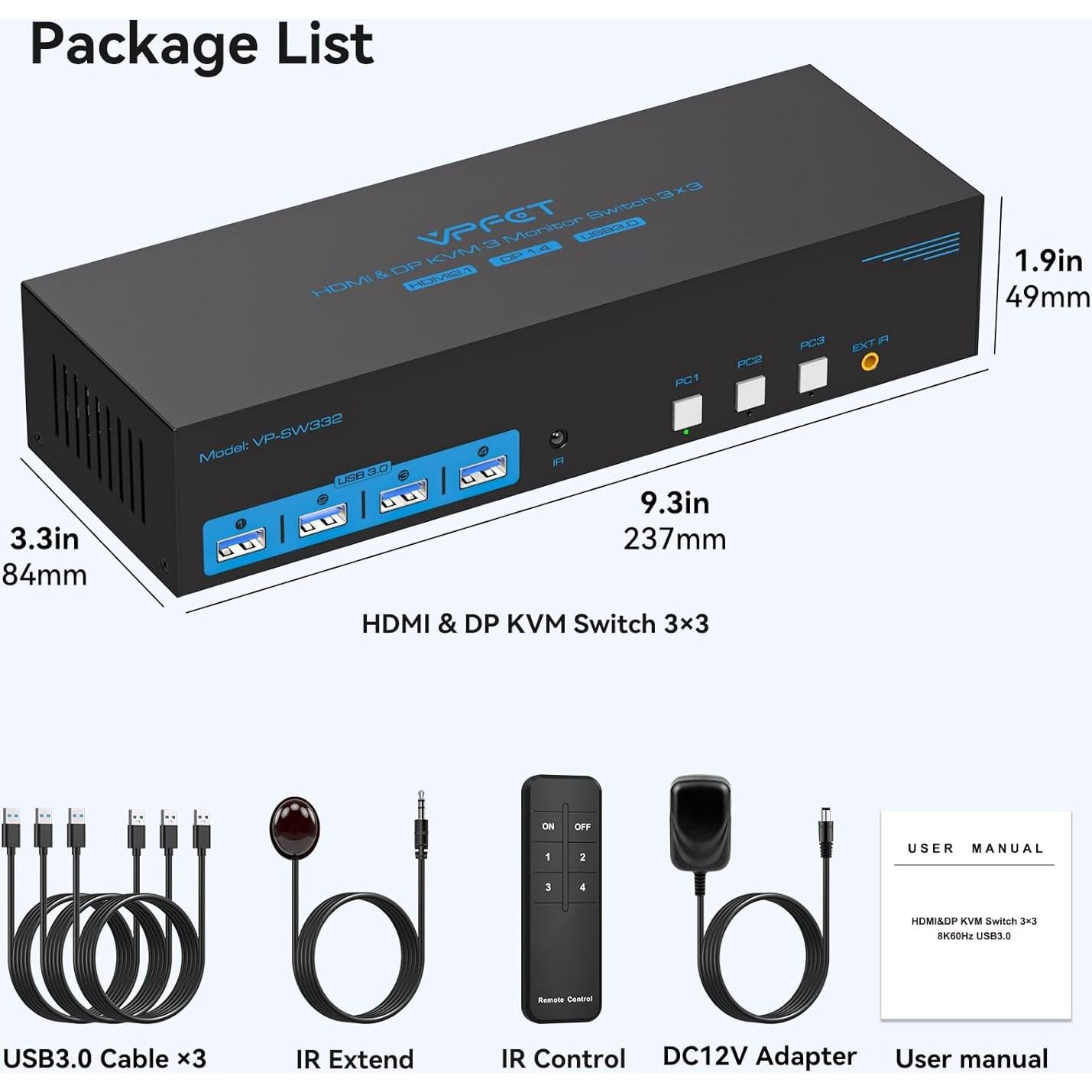 Conmutador KVM 3 PC 3 Monitores AILVLVNG 4K 144Hz HDMI DP