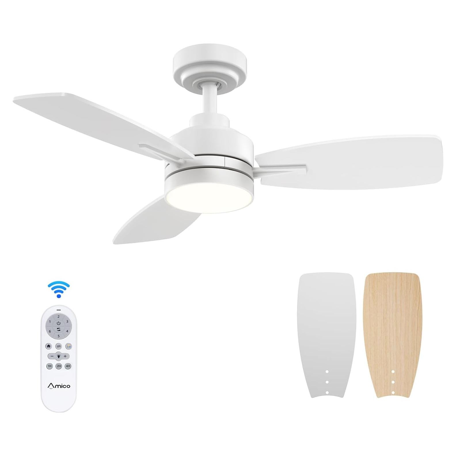 Amico Ceiling Fans with Lights, 36 inch Ceiling Fan with Light and Remote Control, Reversible, 3CCT, Dimmable, Noiseless, Small White Ceiling Fan for Bedroom, Indoor/Outdoor Use