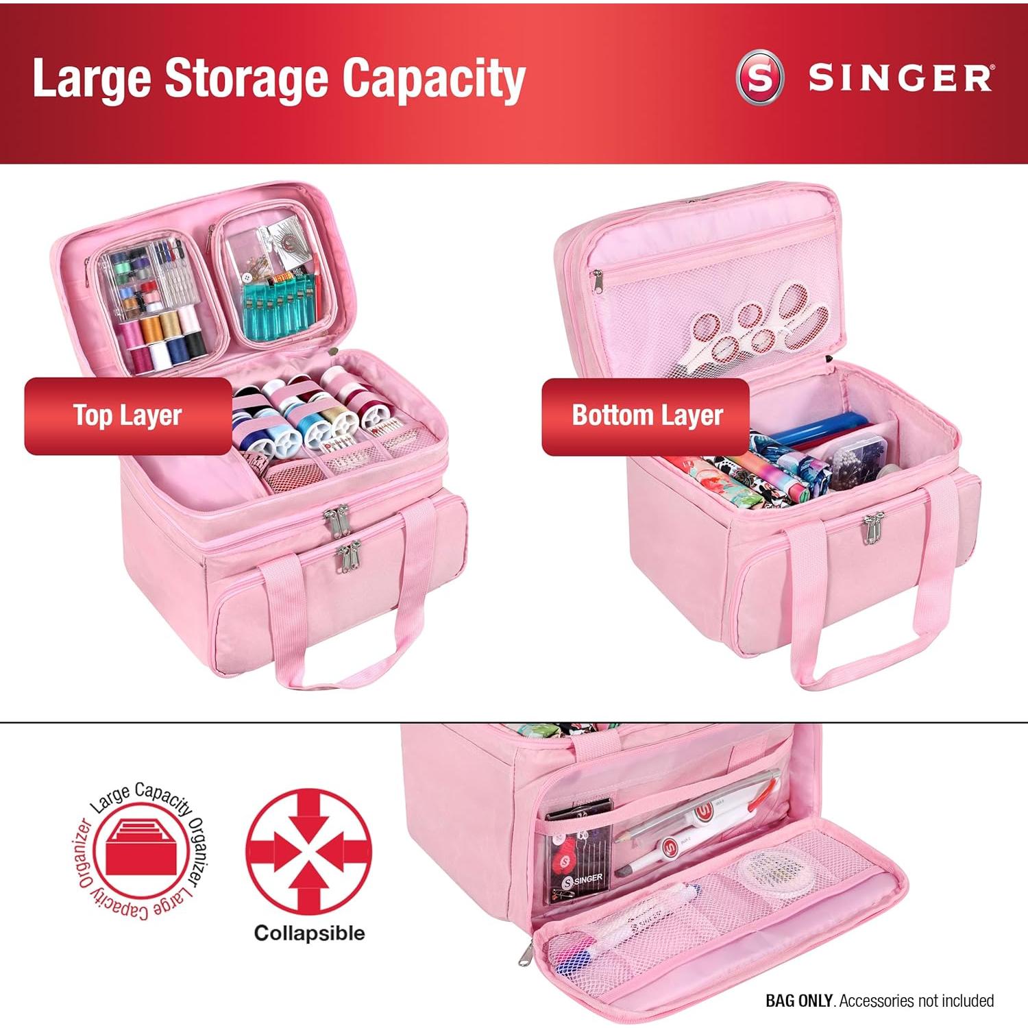 Bolsa Organizador de Costura SINGER Rosa - Doble Capa 18 Compartimentos