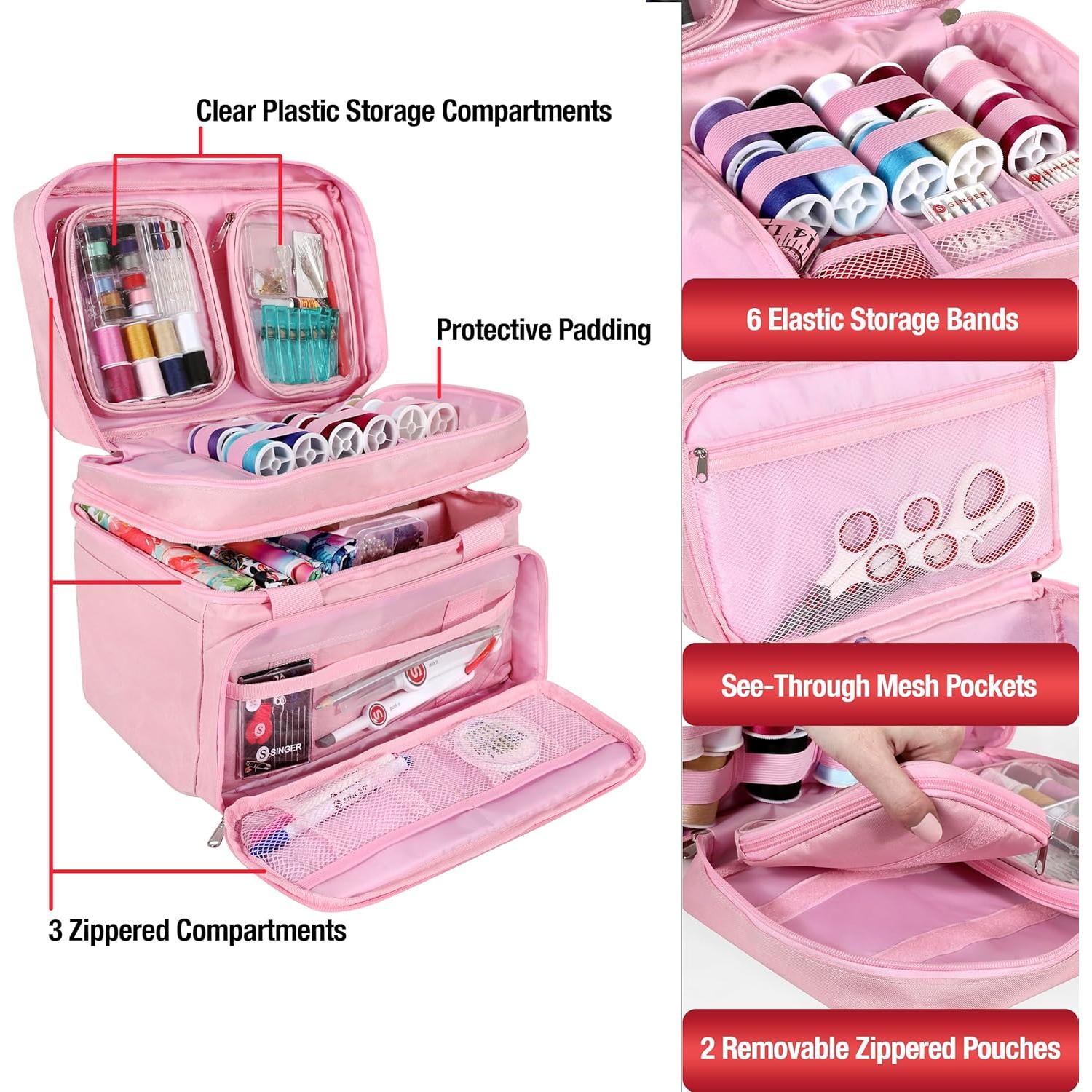 Bolsa Organizador de Costura SINGER Rosa - Doble Capa 18 Compartimentos