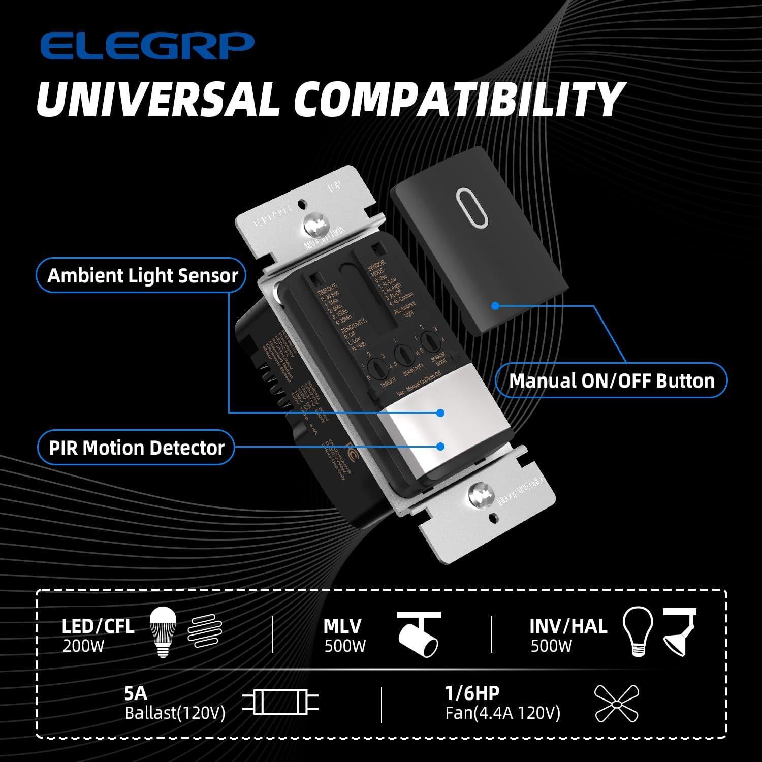 Interruptor de luz con sensor de movimiento ELEGRP negro mate