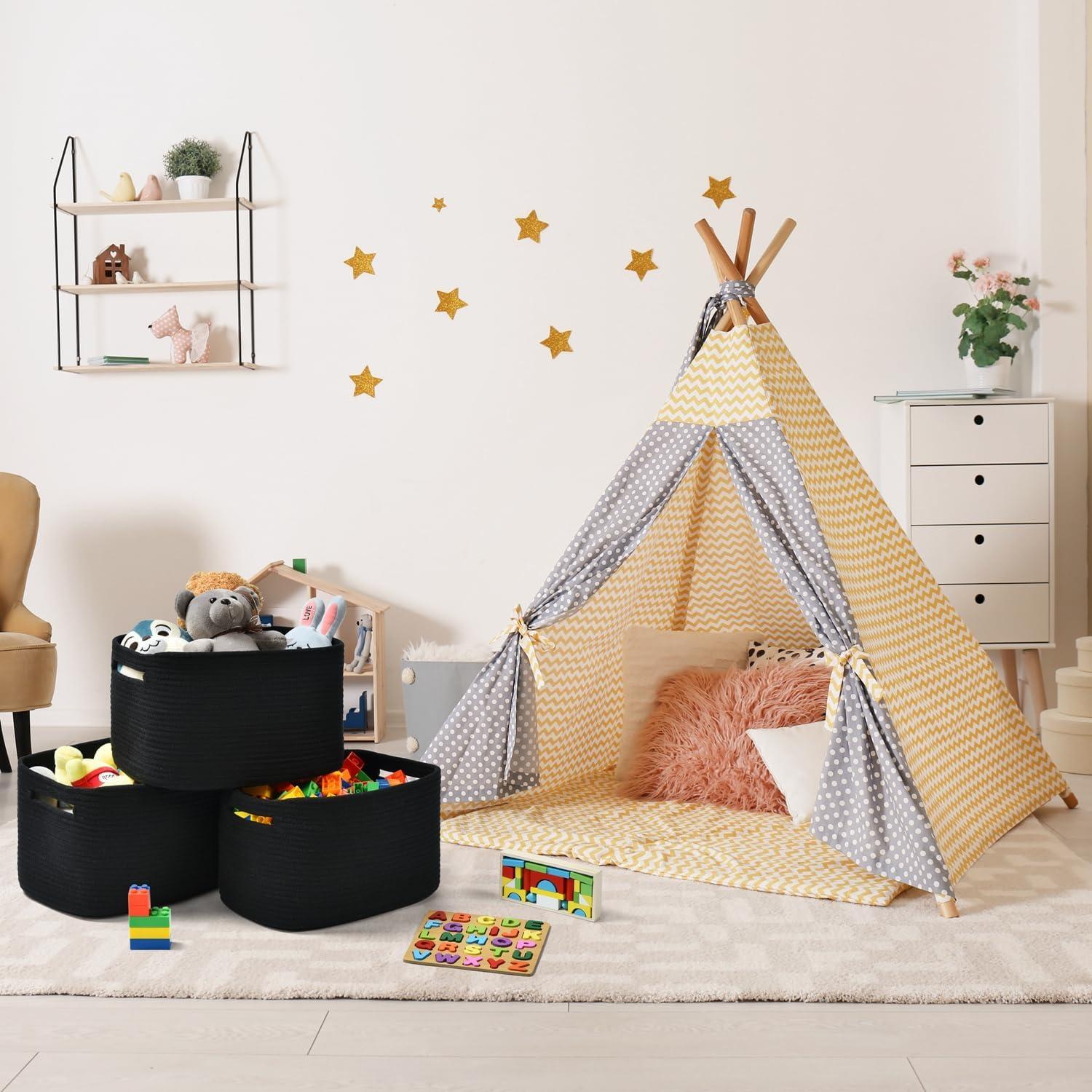 Cesta de Almacenamiento Tejida Issudata 3 Piezas Negro 38x25x23cm