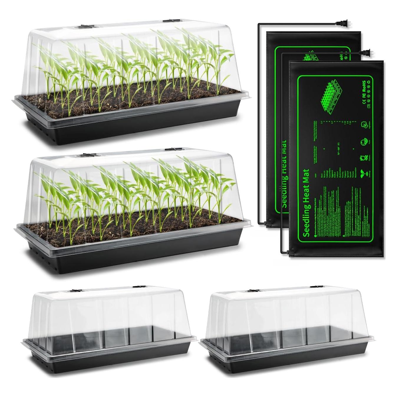4-Pack 1020 Seed Starter Trays with 7.3'' Humidity Domes & 2-Pack Heat Mats – Heavy-Duty Seedling Trays with Adjustable Domes & Waterproof Heating Mats for Optimal Germination & Cloning Propagation
