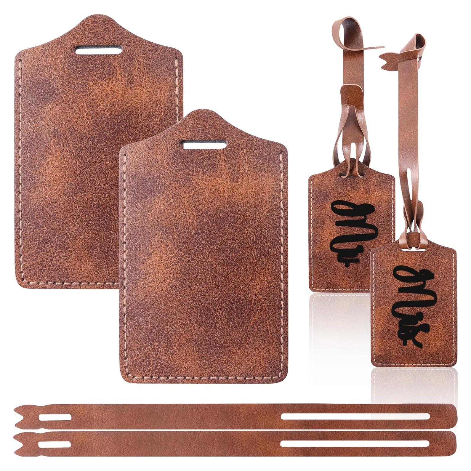 4 Etiquetas de Equipaje Marrón iFForce Grabables de Cuero PU