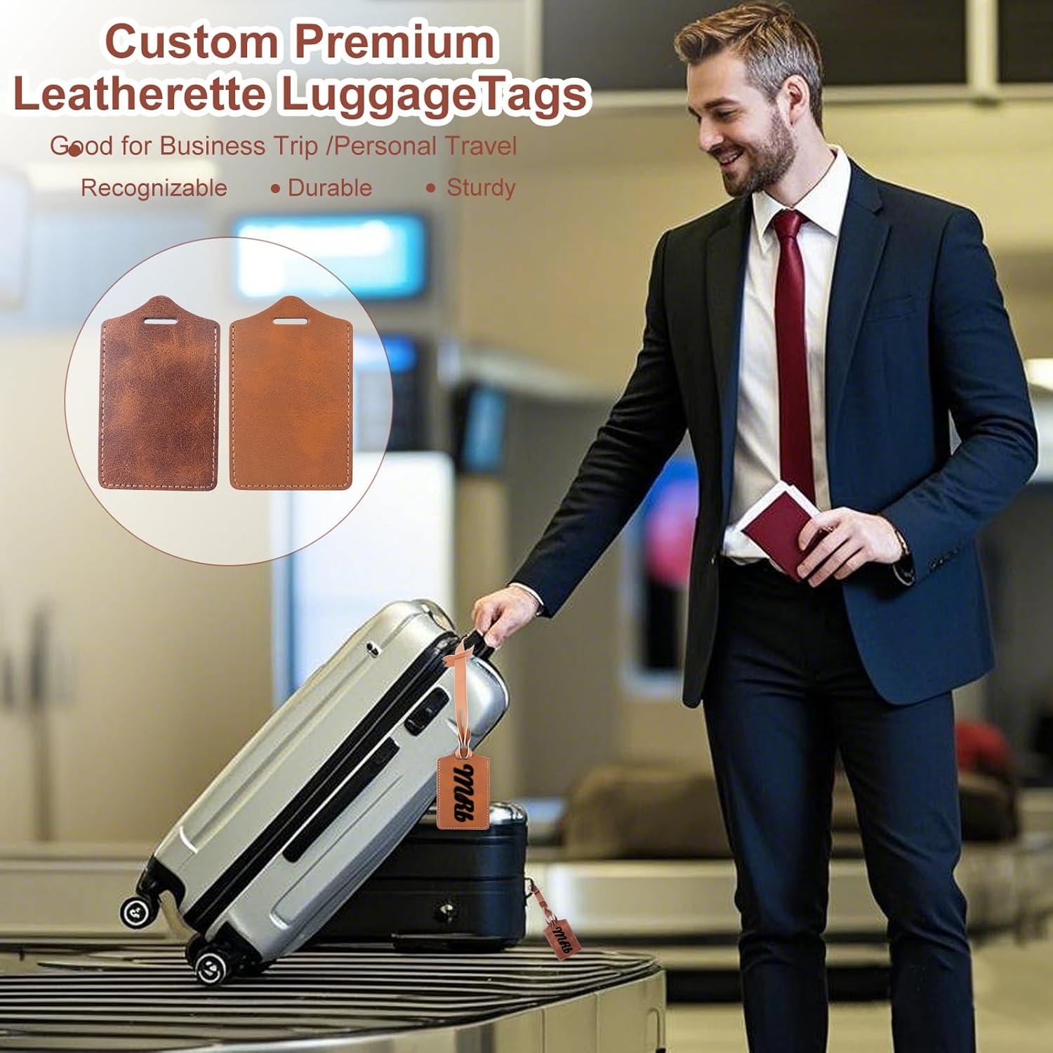 4 Etiquetas de Equipaje Marrón iFForce Grabables de Cuero PU
