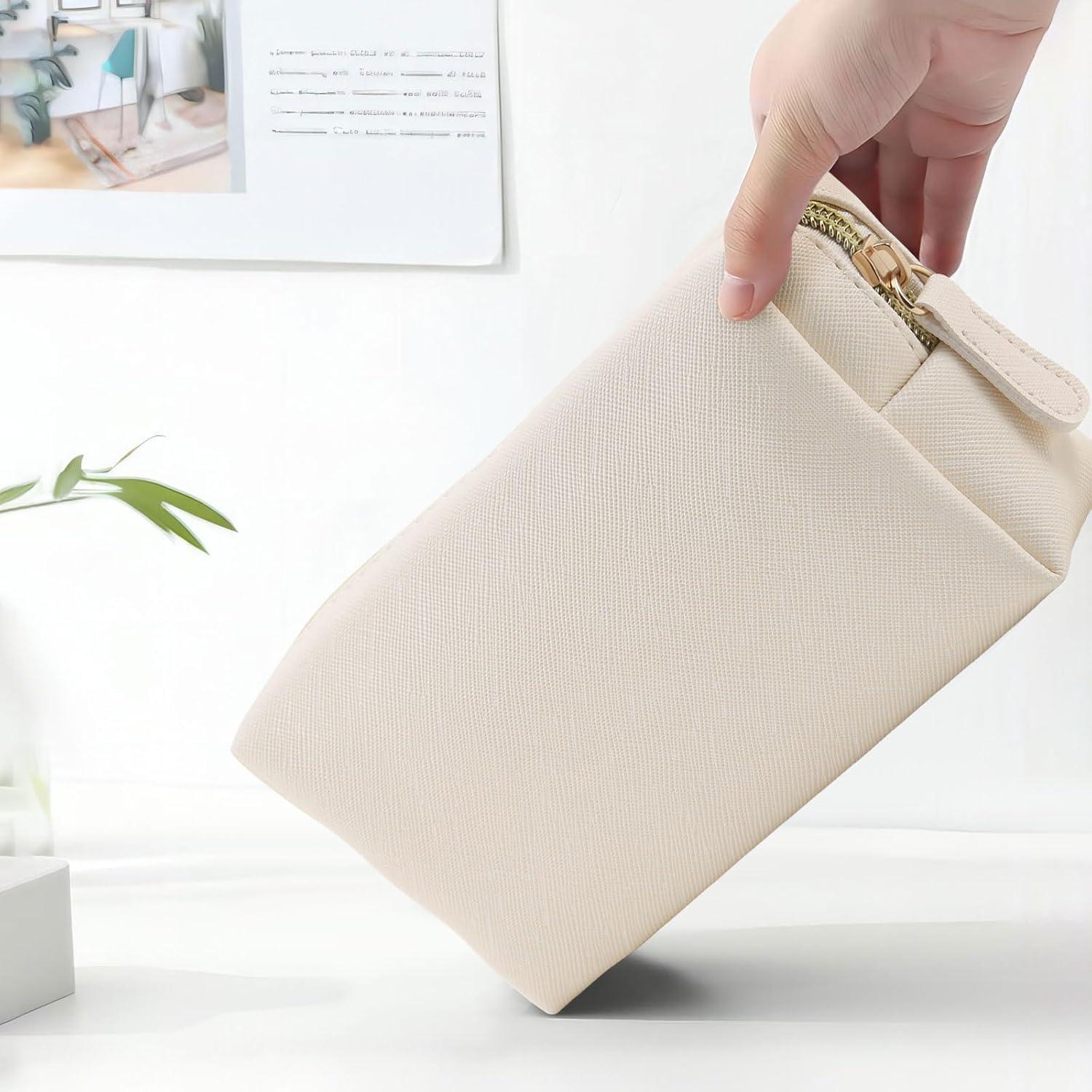 Bolsa de Maquillaje de Cuero PU Beige Organizador Cosmético