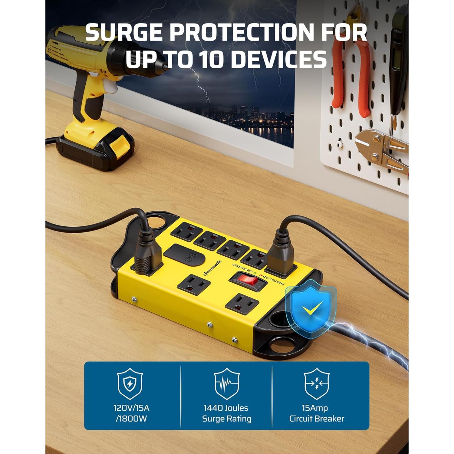 Regleta de Potencia DEWENWILS 8 Salidas AC 2 USB 1.83m