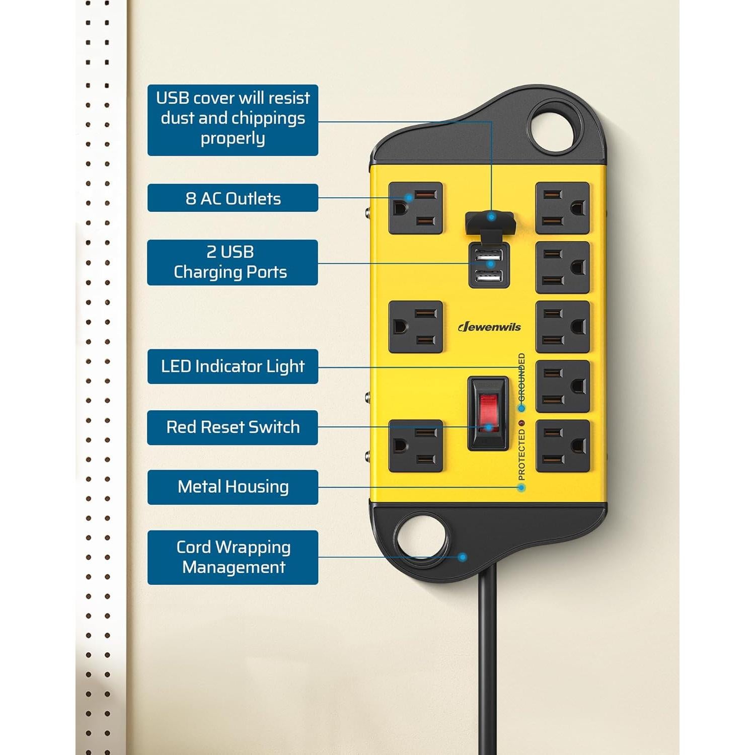 Regleta de Potencia DEWENWILS 8 Salidas AC 2 USB 1.83m