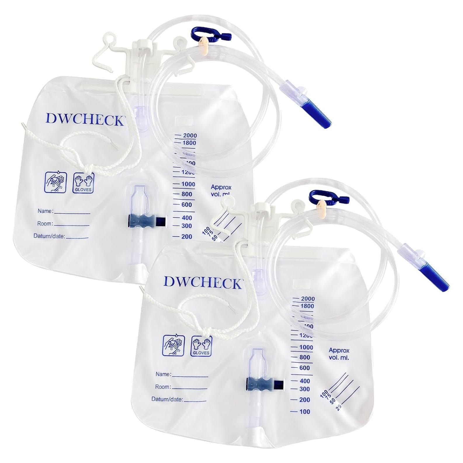 Paquete de 2 Bolsas de Drenaje Urinario DWCHECK 2000mL