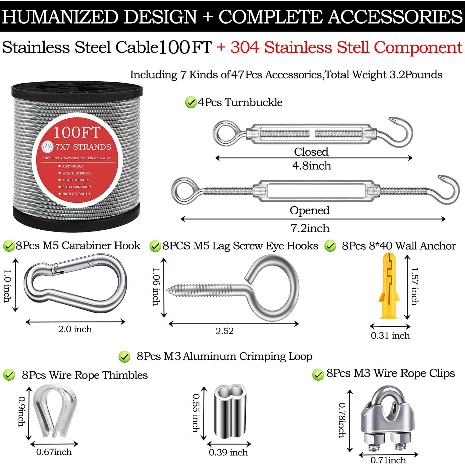 Cable de Acero Inoxidable 304 100FT con Tensor M5 - Jardinería