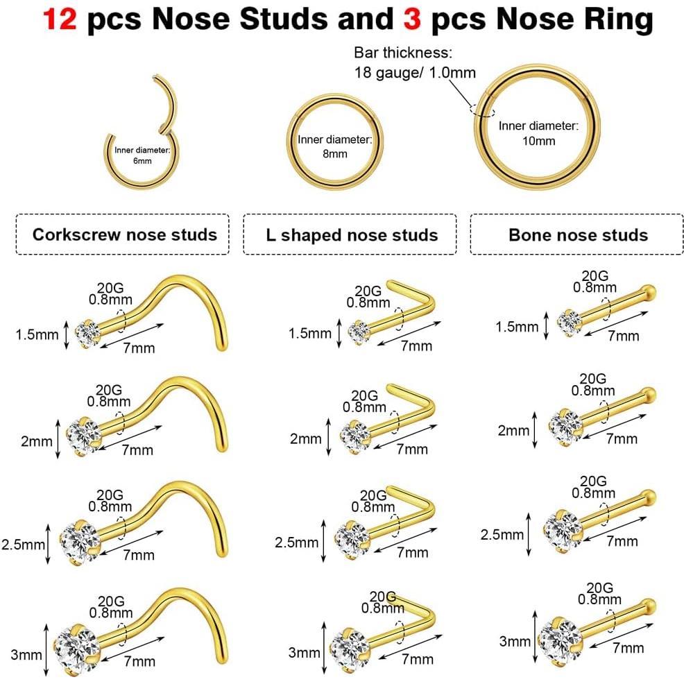 Conjunto de Anillos de Nariz y Studs Acero Inoxidable 20G 18G