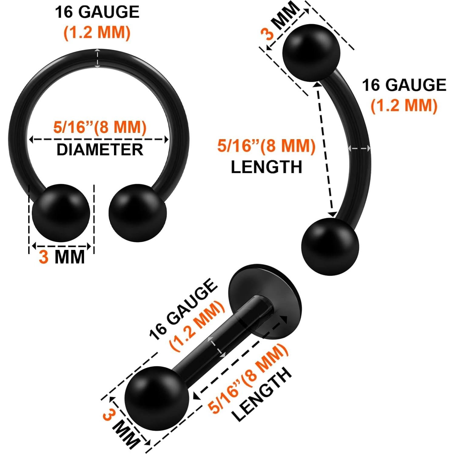 Pendientes de Bioflex 16g con bola acrílica 8mm - 6 piezas