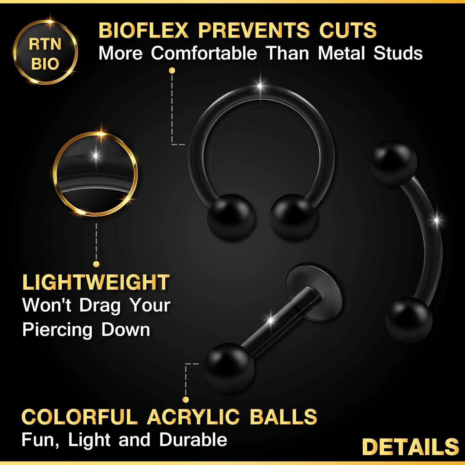 Pendientes de Bioflex 16g con bola acrílica 8mm - 6 piezas