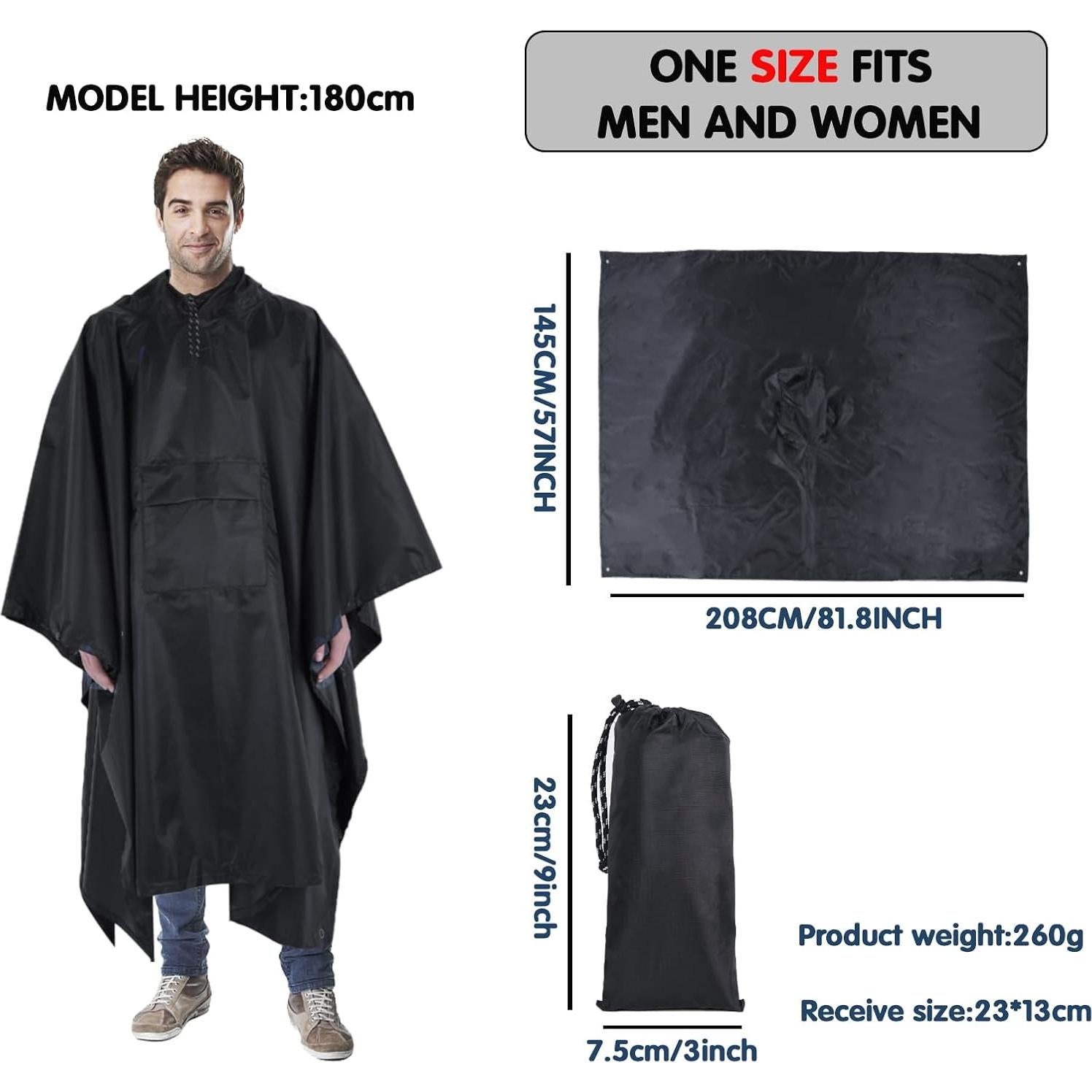Poncho Impermeable Accevo Unisex Negro 140x210cm Ligero Reutilizable
