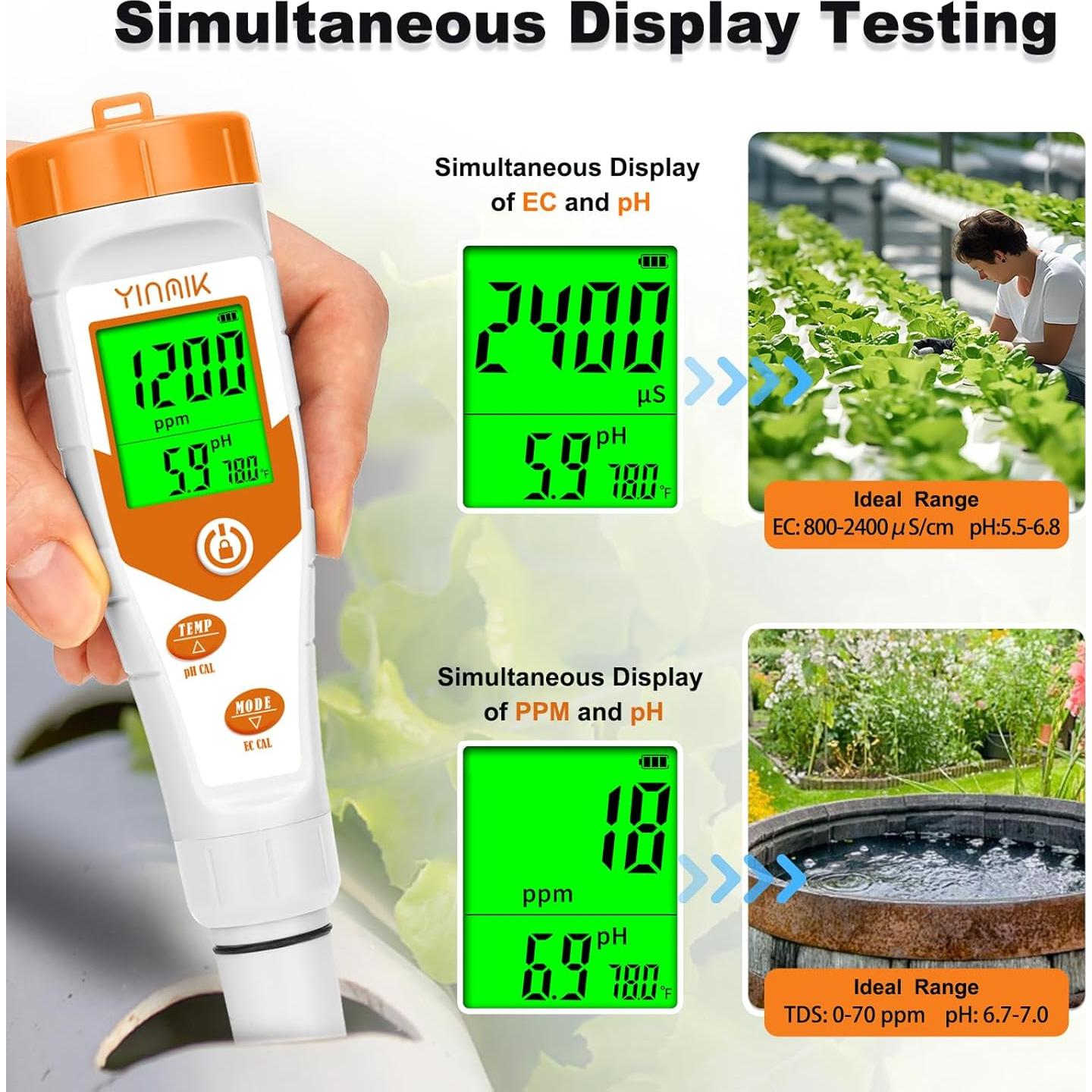 Probador de pH y EC 4 en 1 YINMIK YK-4 para Hidropónicos