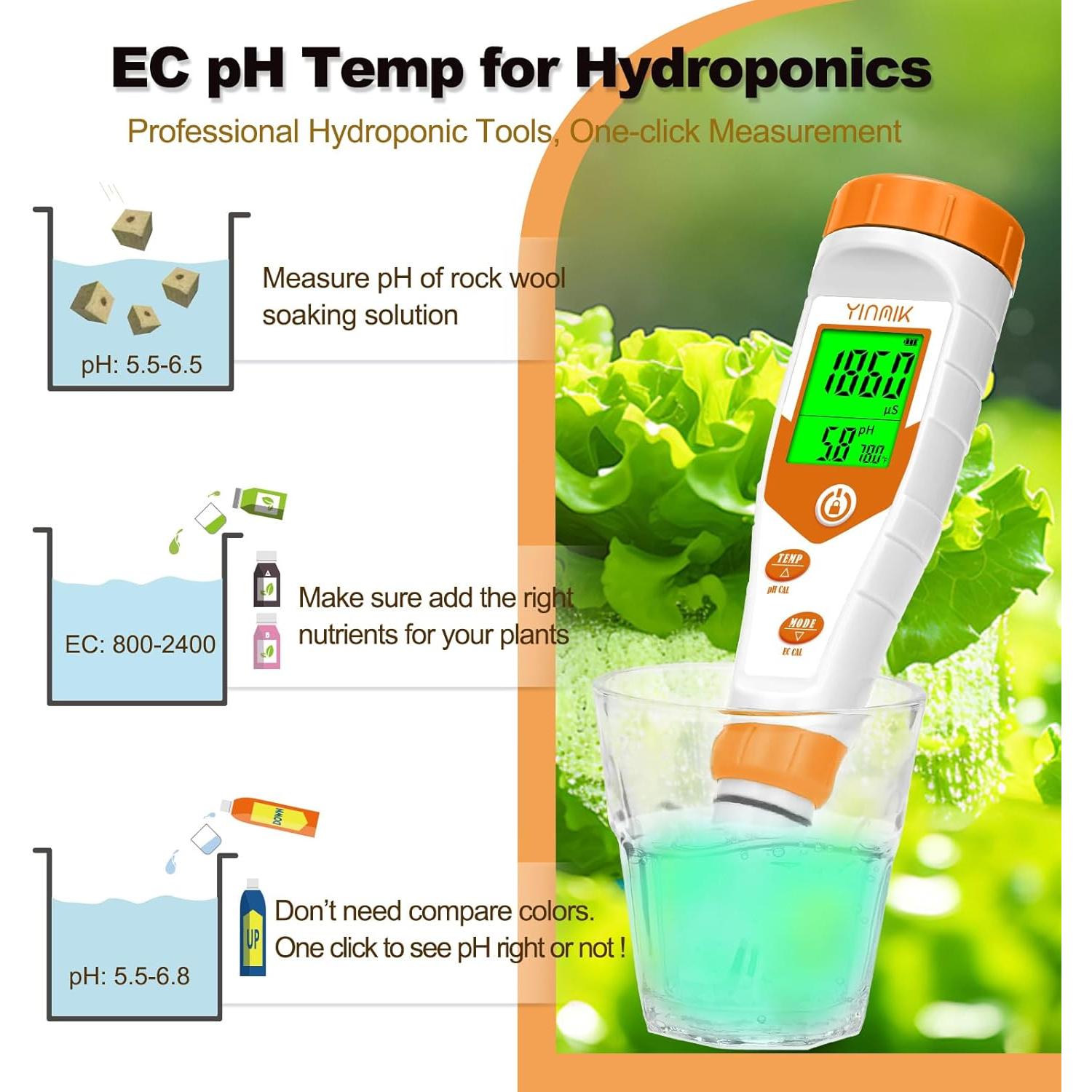 Probador de pH y EC 4 en 1 YINMIK YK-4 para Hidropónicos
