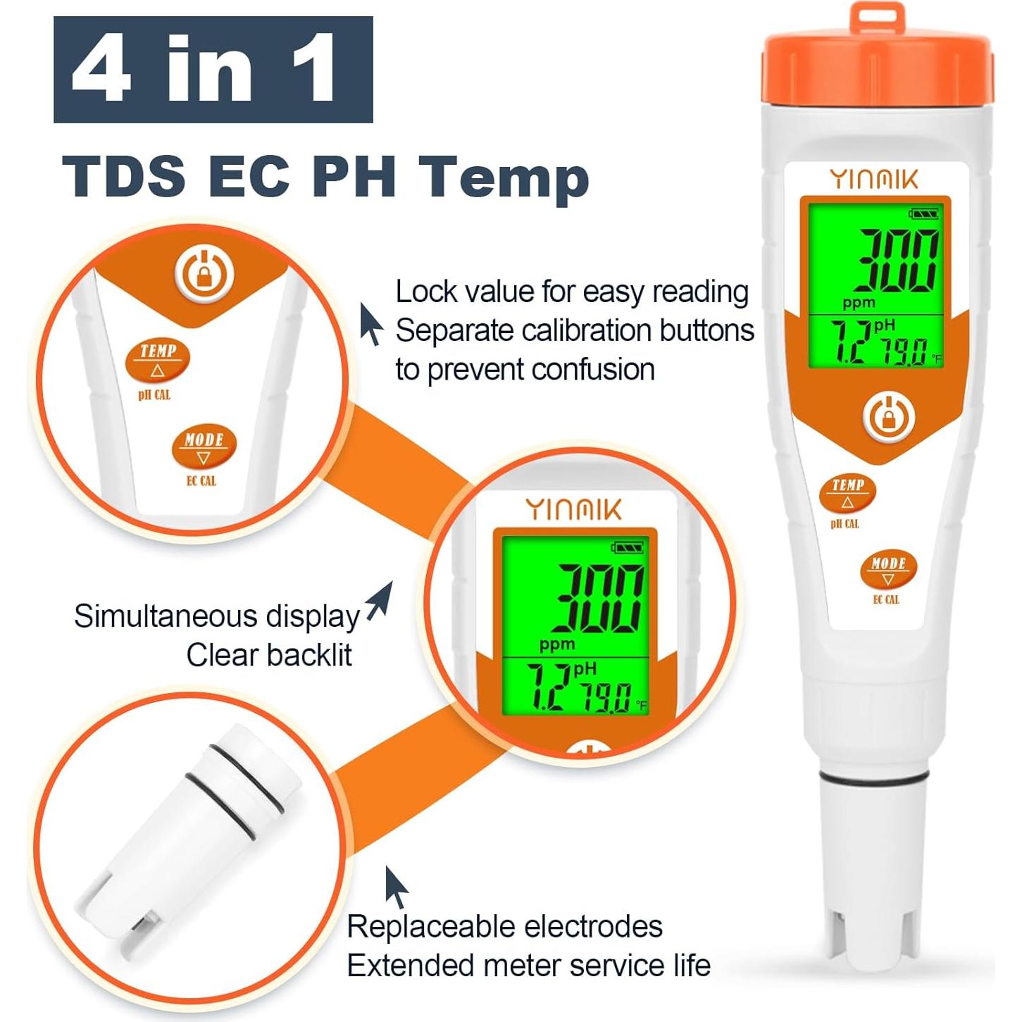 Probador de pH y EC 4 en 1 YINMIK YK-4 para Hidropónicos