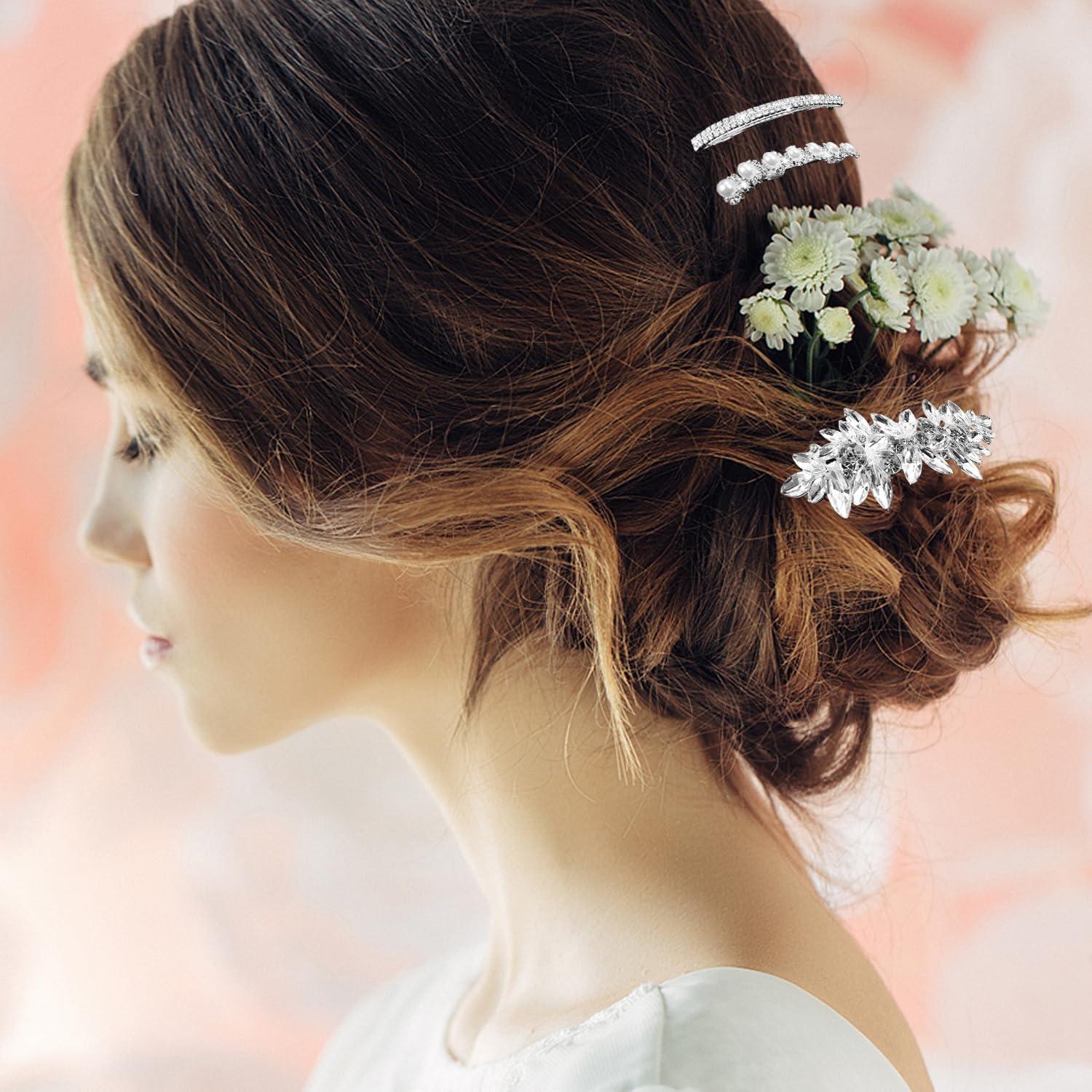 4 Clips de Cabello de Novia LAPOHI con Rhinestones y Perlas