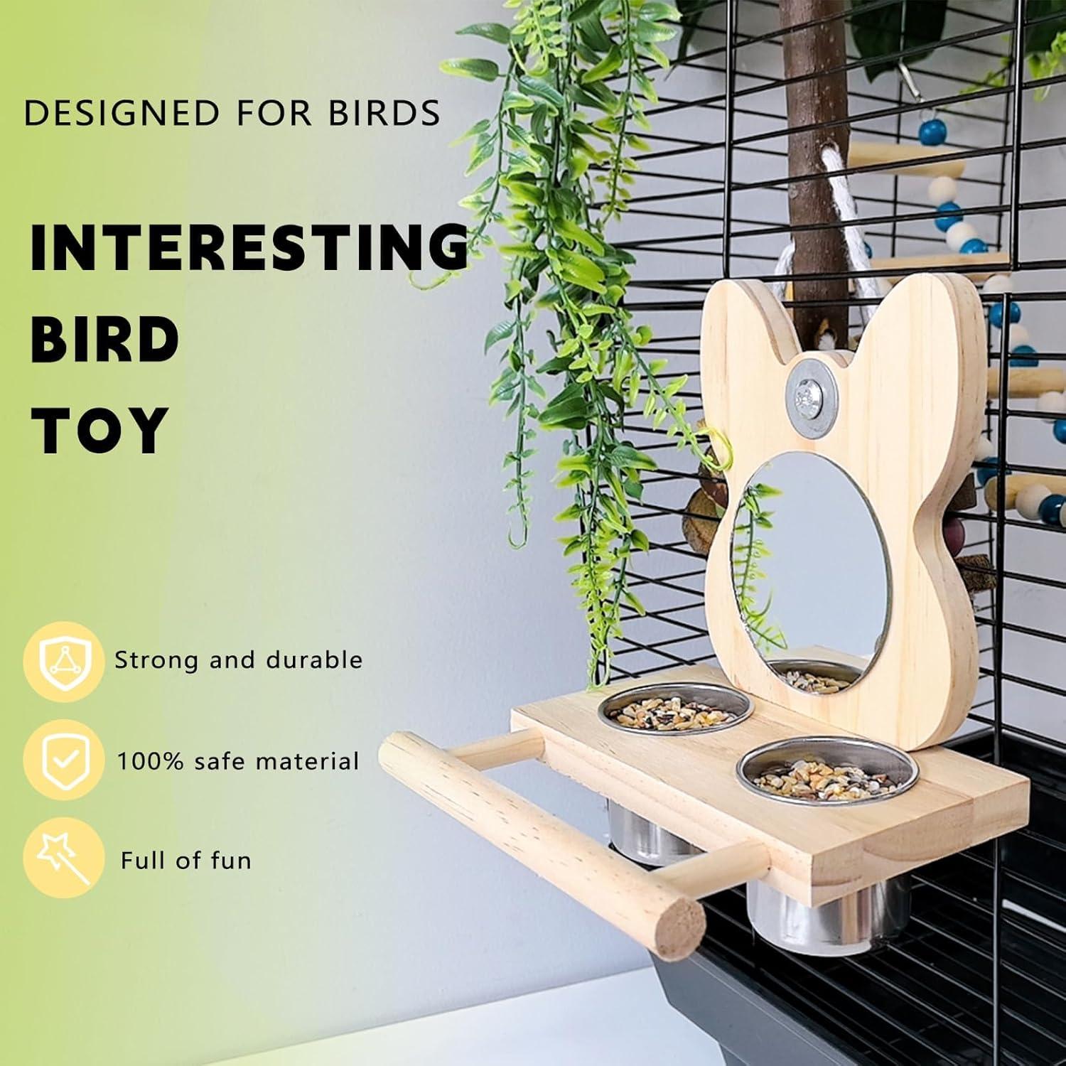 Perchero para Pájaro Hamiledyi con Espejo y Tazas de Acero Inoxidable