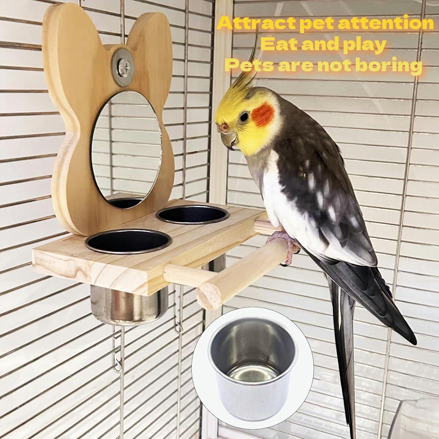 Perchero para Pájaro Hamiledyi con Espejo y Tazas de Acero Inoxidable