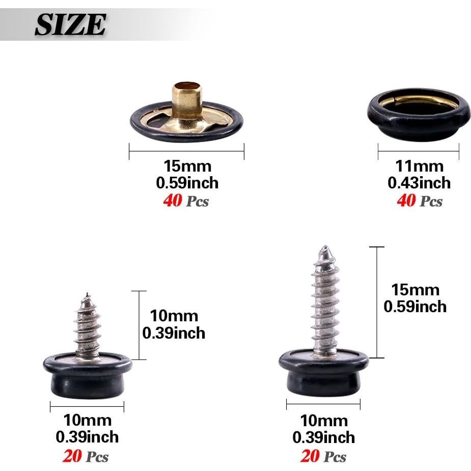 Kit de Botones a Presión Glarks 120 Piezas Acero Inoxidable Negro