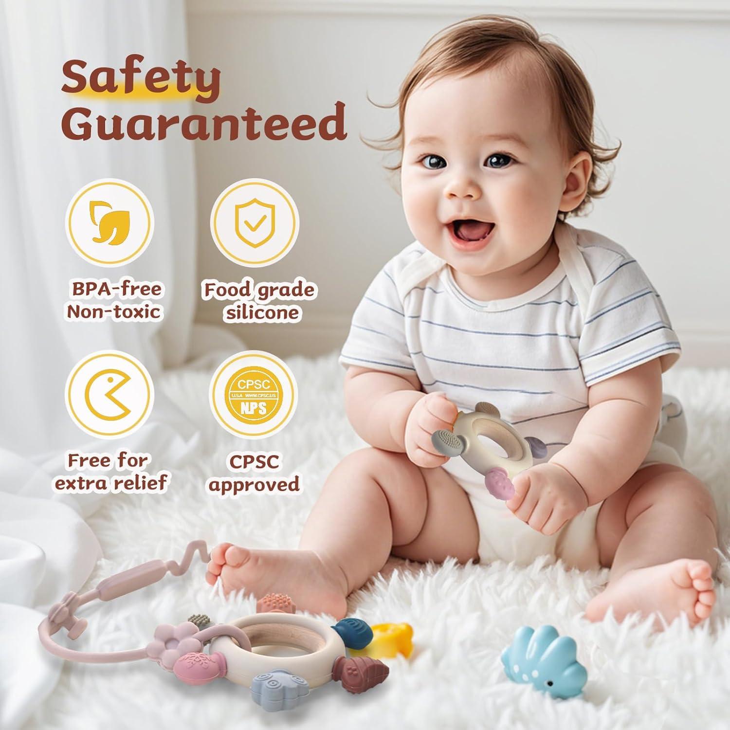 3 Anillos de Dentición para Bebés 0-12 Meses con Clip