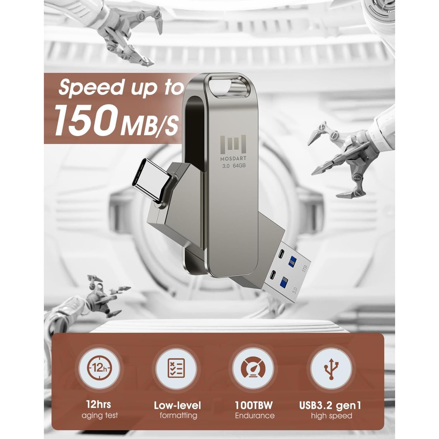 MOSDART 64GB USB 3.0 Doble Conector C y A Rápido Plata